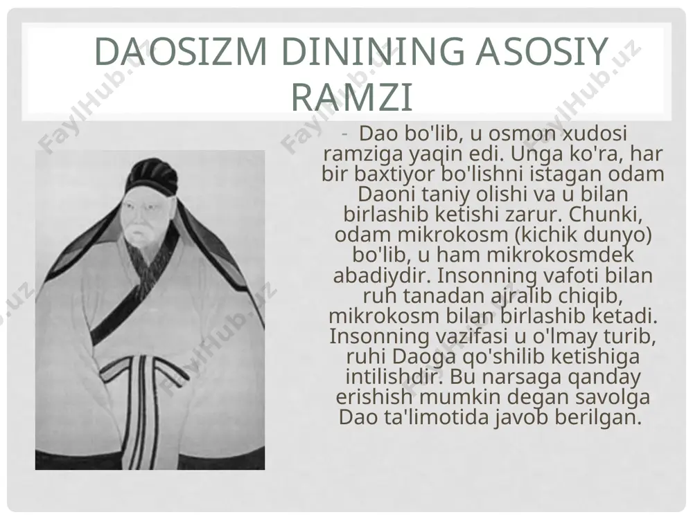 ya va sharqiy osiyoning boshqa mamlakatlaridagi diniy-madaniy taraqqiyotga ta'sir ko'rsatgan xitoy diniy-falsafiy an'analari to'plamining inglizcha nomi. . biroq, xitoy madaniyatida bu an'ananing markaziyligiga qaramay, aslida nimani anglatishini aniqlash daosizm (yoki u mazmunli toifa bo'ladimi) asrlar davomida olimlarni hayratda qoldirgan. bu xavotirlarga qaramay, "daosizm" atamasi keng tarqalgan bo'lib, xitoy tafakkuri va amaliyotining o'zaro bog'liq uchta oqimining kombinatsiyasini bildiradi bizning oldimizda tinchgina zohid emas, balki imperator-islohotchi, davlat hayotining tom ma'noda barcha sohalarini isloh qiluvchi obraz bor. vaoizmning asoschisi u - imperator. shunday qilib, bizning oldimizda "noaniq va noaniq yarim telba oqsoqollar doktrinasi" emas, balki butunlay boshqacha daosizmning yuzi ochiladi. ammo, bu juda aniq ko'rinishi uchun siz hali ham o'rganish va tushunish uchun juda ko'p, ko'p narsalarga muhtoj bo'lasiz ... etiboringiz uchun raxmat