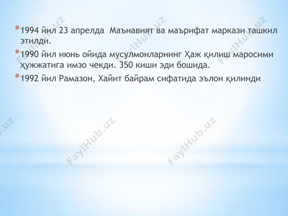 атлари йили оила йили аёллар йили обод маҳалла йили қарияларни қадрлаш йили она ва бола йили соғлом авлод йили меҳр-мурувват йили сиҳат-саломатлик йили ёшлар йили ижтимоий ҳимоя йили ҳомийлар ва шифокорлар йили баркамол авлод йили қишлоқ тараққиёти ва фаровонлиги йили 1997 йил 1998 йил 1999 йил 2003 йил 2002 йил 2001 йил 2000 йил 2004 йил 2005 йил 2008 йил 2007 йил 2006 йил 2010 йил 2009 йил 2011 йил – кичик бизнес ва хусусий тадбиркорлик йили 2012 йил – мустаҳкам оила йили 2013 йил – обод турмуш йили 2014 йил – соғлом бола йили 2015 йил – кексаларни эъзозлаш йили 2016 йил – соғлом она ва бола йили 2017 йил – халқ билан мулоқот ва инсон манфатлари йили 2018 йил - фаол тадбиркорлик инновацион ғоялар ва технологияларни қуллаб-қувватлаш йили 2019 йил – фаол инвестициялар ва ижтимоий ривожланиш йили 2020 йил – илм, маърифат ва рақамли иқтисодиётини ривожлантириш йили 2021- …