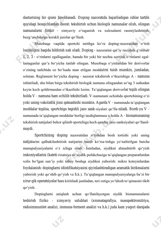 iborat: tekshirish uchun biologik namunalar olish, olingan namunalarni fiziko - ximyaviy o‘raganish va xulosalarni rasmiylashtirish, buzg‘unchilarga kerakli jazolar qo‘llash. musobaqa vaqtida sportchi tartibga ko‘ra doping-nazoratidan o‘tish lozimligini haqida bildirish xati oladi. doping - nazoratini qat’iy ravishda g‘olibalr 1, 2, 3 - o‘rinlarni egallaganlar, hamda bir yoki bir nechta sovrinli o‘rinlarni egal- lamaganlar qur’a bo‘yicha tanlab olingan. musobaqa o‘yinlaridan bir dorivorlar o‘zining tarkibida oz bo‘lsada man etilgan moddalrni tuish mumkin, jumladan, solutan. reglament bo‘yicha doping - nazorat tekshirish o‘tkazishiga a - namuna ishlatiladi, shu bilan birga tekshirish biologik namuna olingandan so‘ng 3 sutkadan keyin kech qoldirmasdan o‘tkazilishi lozim. ta’qiqlangan dorivorlar topib olingan holda v - namuna ham ochilib tekshiriladi. v-namunani ochishda sportchining o‘zi yoki uning vakolatlik jinsi qatnashishi mumkin. agarda v - namunada ta’qiqlangan moddalar topilsa, sportchiga tegishli jazo sank-siyalari qo‘lla-niladi. bordi-yu v - namunada ta’qiqlangan moddalar borligi tasdiqlanmasa u holda a - bionamunaning tekshirish natijalari bekor qilinib sportchiga hech qanday …
