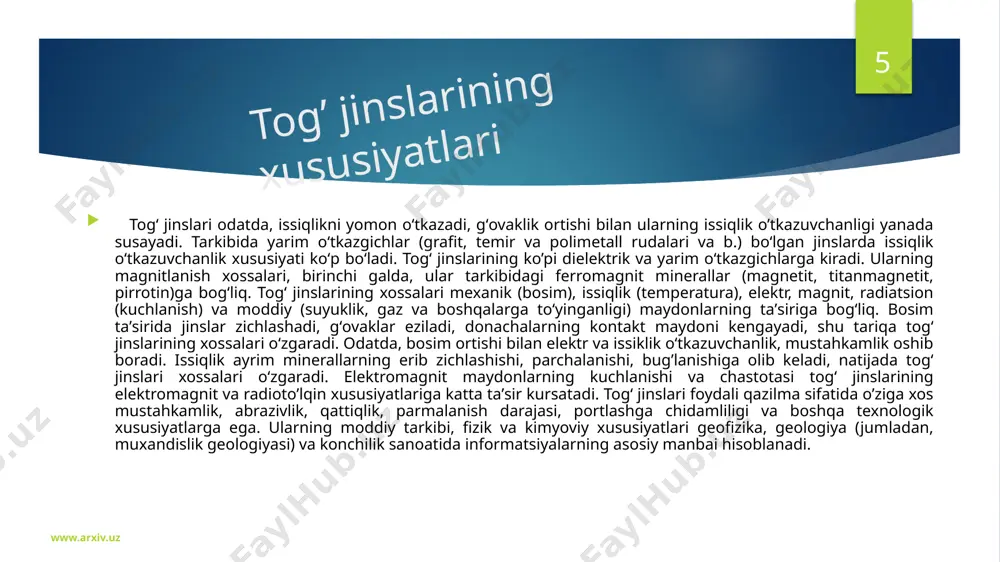 shi va uchuvchi komponentlarning yoʻqolishi birgalikda tez sodir boʻladi. nordon va oʻrtacha lavalar (liparitli, andezitli) yarim kristallangan va asosiy massalarida ingichka (mm ning oʻndan va yuzdan bir kismi) mikrolitlar boʻlgan shishasimon jinslar (obsidian, pemza) hosil qiladi. asosiy va suyuqroq lavalar yer yuzasida yarim kristallangan jinslar koʻrinishida soviydi. effuziv jinslarning teksturalari orasida: massivli, flyuidal, yoʻl-yoʻl flyuidallilar boʻlib, ular turli rangdagi vulkanik shisha, xol-xollilik va mikrolitlar parallel chiziqchali joylashuvi bilan bogʻliq boʻladi. lavadagi gazli pufakchalarning miqdoriga qarab gʻovakli, pufakchali va pemzali teksturalar farq qiladi. boʻshliqlar ikkilamchi minerallar (kvars, opal, seolit, karbonatlar va boshqalar) bilan toʻldirilganda bodomtoshli teksturalar hosil boʻladi. 7 www.arxiv.uz metamorfik tog’ jinslari metamorfik togʻ jinslarining struktura va teksturasi birlamchi choʻkindi va magmatik togʻ jinslarining qattiq holatda katta chuqurlikda litostatik bosim taʼsiri ostida, temperaturalar va eritmalar (flyuidlar) taʼsirida koʻpincha deformatsiya vaziyatida qayta kristallanishi mobaynida mineral donalarining maʼlum yoʻnalishda yotishi, gneysli va slanetsli teksturalarga qonuniyatli tarzda olib keladi. metamorfik togʻ jinslari strukturalari …