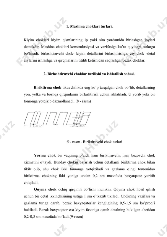 ustki detal qirqimiga nisbatan baxyaqator kengligidan oldinroq chiqarilib ustma-ust qo’yiladi. (10 - rasm.) 10 - rasm. bostirma chok tutashtirma chok yupqa gazlamalardan tikiladigan kiyimlar bort qotirmasining qism va vitochkalarini birlashtirish uchun ishlatiladi. ikki detal qirqmalarini bir-biriga taqab, kengligini 2-2,5 sm bir tomoniga yelim surtilgan gazlama taglik ustiga qo’yiladi va dazmollab yopishtiriladi. qo’sh chok (11 - a-rasm) ust kiyimlarini astarsiz yoki faqat belgacha tushadigan qilib tikishda, cho’ntak xaltalarini tikish, shuningdek ko’rpa- yostiq jildlari, choyshablar tikish uchun ishlatiladi. qo’sh chok hosil qilish uchun, detallar teskari tomonlari bir-biriga qaratilib, 0,3-0,5 sm kenglikda biriktirma chok bilan tikib olinadi, keyin detallarning o’ngi ag’darilib ,detallar chetidan 0,6-0,7 sm masofada ikkinchi qator tikiladi. 11- rasm.qo’sh chok 12 – rasm. ichki chok turlari 13 – rasm. qulf chok ichki chok ich kiyimlar va ip gazlamalardan astarsiz kiyimlar tikishda ishlatiladi. detallar o’ngi bir-biriga qaratilib, ostki detal chetini ustki detalga nisbatan 0,5-0,7 sm oldinroq chiqarib ustma-ust qo’yib tikiladi, keyin detallar …
