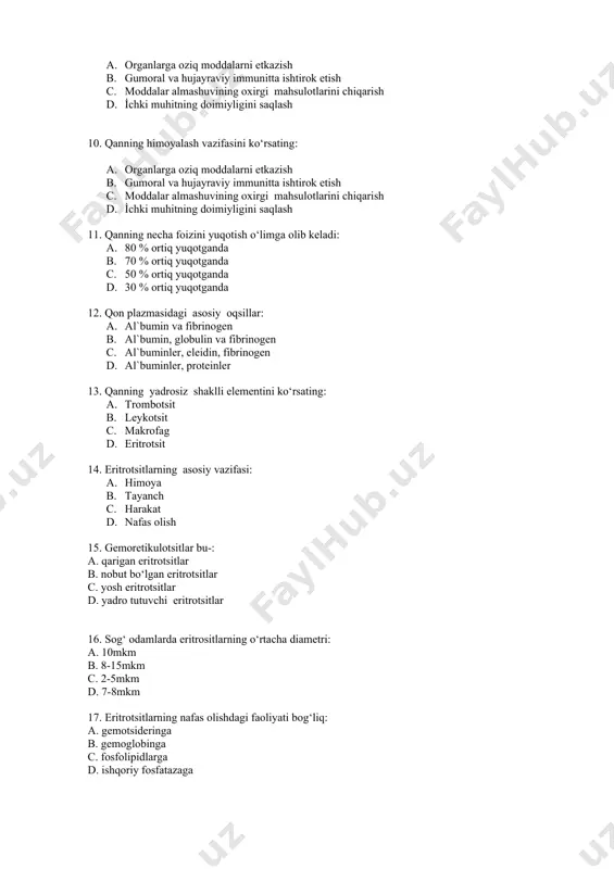 n 1. al`bumin, globulin va fibrinogen 1. al`buminler, eleidin, fibrinogen 1. al`buminler, proteinler 13. qanning yadrosiz shaklli elementini ko‘rsating: 1. trombotsit 1. leykotsit 1. makrofag 1. eritrotsit 14. eritrotsitlarning asosiy vazifasi: 1. himoya 1. tayanch 1. harakat 1. nafas olish 15. gemoretikulotsitlar bu-: a. qarigan eritrotsitlar b. nobut bo‘lgan eritrotsitlar c. yosh eritrotsitlar d. yadro tutuvchi eritrotsitlar 16. sog‘ odamlarda eritrositlarning o‘rtacha diametri: a. 10mkm b. 8-15mkm c. 2-5mkm d. 7-8mkm 17. eritrotsitlarning nafas olishdagi faoliyati bog‘liq: a. gemotsideringa b. gemoglobinga c. fosfolipidlarga d. ishqoriy fosfatazaga 18. eritrotsitlarning tarkibidagi oqsil: a. al`bumin b. globulin c. fibrinogen d. gemoglobin 19. katta yoshdagi odamlarning qonida gemoglobin necha % -ni tashkil etadi: a. hbf-70% b. hb a-98% c.hba-30% d.hbf-25% 20. har hil shakldagi eritrotsitlarning hosil bo‘lishi: 1. exinotsit 1. diskotsit 1. anizotsitoz 1. poykilotsitoz 21. o`lchamlari har hil eritrotsitlarning ko‘payib ketishi: 1. exinotsit 1. diskotsit 1. anizotsitoz 1. poykilotsitoz 22. eritrotsitlarning sonining kamayib …