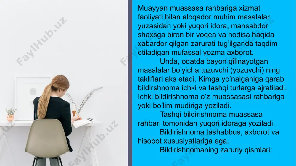 e vazifaviy uslub nutq koʻrinishlarining asosiy vazifalariga, yaʼni aloqa, xabar berish, taʼsir etish vositasi boʻlishiga koʻra turli qismlarga boʻlinadi. adabiy tilning quyidagi vazifaviy uslublari mavjud: 1) soʻzlashuv uslubi; 2) rasmiy uslub; 3) ilmiy uslub; 4) publitsistik uslub; 5) badiiy uslub. vazifaviy uslubni nomlash va atash ham ularning qanday aloqa doirasida ishlatilganligiga qarab belgilanadi. soʻzlashuv uslubi — kishilarning kundalik norasmiy, erkin muomala lari doirasida til birliklarining oʻziga xos amal qilishidir. vazifaviy uslubning bu turi oʻziga xos ish koʻrsatish sharoiti, yaʼni fikr olishuvning bevositaligi, til vositalarini saylab ishlatilmasligi bilan, shuningdek, ohang vositalari, mimika, imo-ishora kabilardan keng foydalanish, oddiy leksik va frazeologik birliklarning, ekspressivemotsional vositalarning keng ishlatilishi bilan ajralib turadi. masalan, farzand — jujuq, dunyodan oʻtmoq — jon bermoq, imtihondan oʻta olmaslik — imtihondan yiqilmoq kabi juftliklarning ikkinchisi asosan soʻzlashuv uslubiga xos. soʻzlashuv uslubi fonetik, leksik, morfologik va sintaktik oʻziga xosliklarga ega. rasmiy uslub (rasmiy ish qogʻozlari uslubi) — hozirgi oʻzbek adabiy tilining …