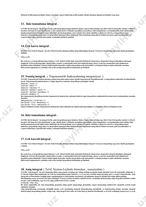 ya momentlarini va boshqa fizik xossalarini hisoblashda keng qo‘llaniladi. 5. noaniq integral . ( ratsional funktsiyalarni birlashtirish) javob: ratsional funktsiyaning noaniq integralini (antiderivativini) topish uchun qisman kasr parchalanishidan foydalanishimiz mumkin va keyin har bir hadni alohida integrallashimiz mumkin. bu erda bajarilishi kerak bo'lgan umumiy qadamlar: 1. ratsional funksiyaning maxrajini chiziqli va/yoki kvadratik omillarga ko‘paytiring. 2. ratsional funksiyani 1-bosqichdagi omillarga mos keladigan maxrajli oddiy kasrlar yig‘indisi sifatida yozish uchun qisman kasr parchalanishidan foydalaning. 3. integrallar va/yoki almashtirish uchun quvvat qoidasidan foydalanib, har bir atamani alohida integrallash. masalan, ratsional funktsiyaning noaniq integralini topmoqchimiz deylik: f(x) = (3x + 2) /( x^2 + 5x + 6) 1-qadam: maxrajni ko'paytiring: x^2 + 5x + 6 = (x + 2)( x + 3) 2-qadam: qisman kasr parchalanishidan foydalaning: f(x) = (3x + 2) /[ (x + 2)(x + 3)] = a /( x + 2) + b/(x + 3) bu erda a va b aniqlanishi …