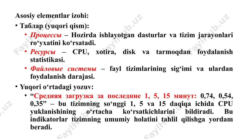 uborish: jarayonlar ro‘yxatini olish: killall bilan nom bo‘yicha to‘xtatish: terminlar izohi termin ma’nosi process (jarayon) tizimda ishga tushgan dastur/kod blokidir pid (process id) jarayonga biriktirilgan noyob identifikator cpu load protsessor yuklanish darajasi memory usage xotira (ram) ishlatilish darajasi swap xotira to‘lsa, diskda ajratilgan joy nice value jarayonning ustuvorlik darajasi (past raqam – yuqori ustuvorlik) signal jarayonga yuboriladigan xabar kengaytirilgan texnik terminlar va izohlar: termin izoh daemon fon rejimida ishlovchi xizmat dasturi (masalan, dbus-daemon, cron, sshd). ular tizim ish faoliyatini ta'minlaydi. foreground process foydalanuvchi interfeysida (terminalda) to‘g‘ridan-to‘g‘ri bajarilayotgan jarayon. background process fon rejimida ishlayotgan jarayon. & belgisi bilan ishga tushiriladi (python3 myscript.py &). zombie process tugagan, lekin hali ota-jarayon tomonidan tozalab olinmagan jarayon. `ps aux orphan process ota-jarayoni tugagan, lekin o‘zi ishlayotgan jarayon. init (pid 1) uni qabul qiladi. nice value / niceness jarayonning ustuvorligini bildiruvchi qiymat (–20 dan 19 gacha). kamroq son — yuqori ustuvorlik. priority (pri) kernel tomonidan jarayon …