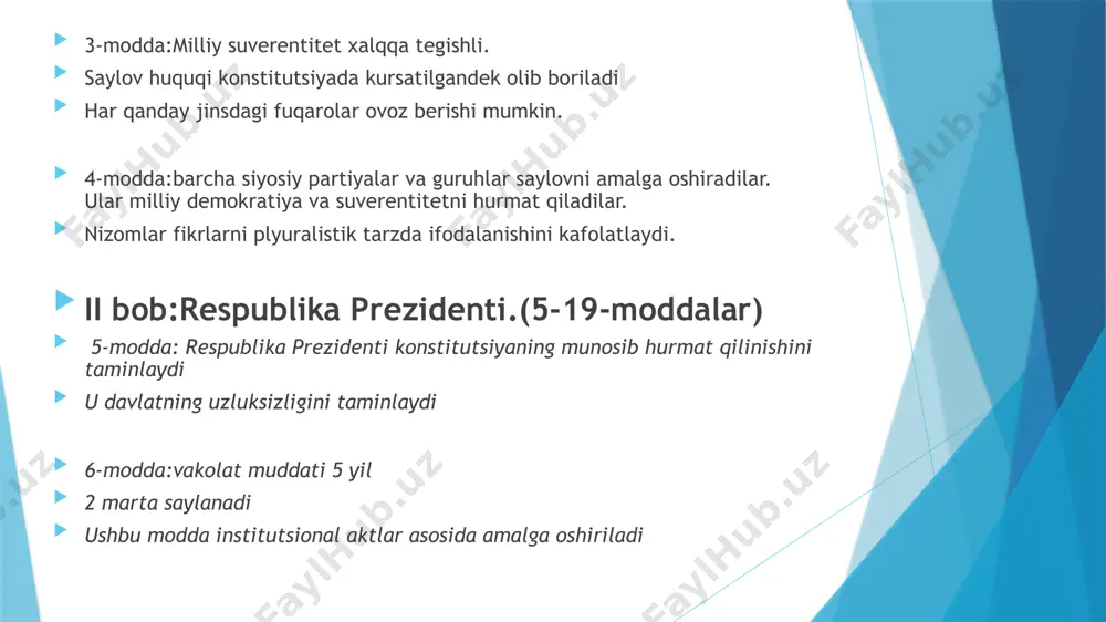 ent palatalari institutsional aktda belgilangan shartlarga muvofiq qarorlar qabul qilishi mumkin urush elon qilishga parlament ruxsat beradi. buni hukumat 3 kun ichida elon qilishi kerak agar bu holatlarda munozara paydo bulsa bu huquq 4 oydan sung parlamentga utadi. 36-modda:qamal holati tugrisida vazirlar kengashi qarori qabul qilinadi. 12 kundan keyin uni uzaytirishga parlament ruxsat beradi 37-modda:nhh larga kirmaydigan qonunlar konseil d’etat (davlat maslahatchisi)bilan kelishilgandan keyin chiaarilishi mumkin. tekshirish ishlari konstitutsiyaviy kengash vakolatidadir. 38-modda:farmonlar vazirlar kengashida maslahatchilar bilan kelishilganidan keyin chiqariladi. biroq ratifikatsiya tug’risidagi qonunda belgilangan sanagacha parlamentga taqdim etilmasa kuchini yoqatadi 39-modda:bosh vazir ham parlament azolari ham qonun tashabusi huquqiga ega milliy assambiliya yoki senatga taqdim etilgan hukumat qonun loyohasiniinstitutsional aktga muvofiq amalga oshiriladi. xususiy azolar yoki parlament azolarining har qanday tuzatishlari davlat iqtisodiga zarar yetqasa u qabul qilinmaydi. 41-modda: hukumat va tegishli palata raisi o’rtasida kelishmovchiliklar yuzaga kelgan taqdirda konstitutsiyaviy kengash u yoki buning iltimosiga binoan 8 kun ichida uz …