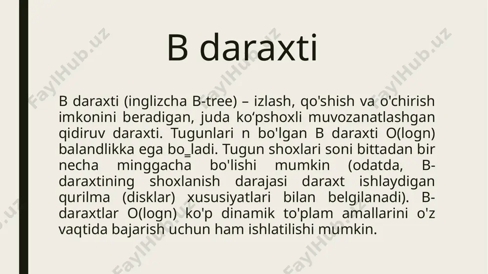 ga kiritiladi. bu holda b daraxtining barcha xususiyatlari saqlanib qolgan. element oʻchirish 1) agar bargdan o'chirish sodir bo'lsa, unda qancha kalit borligini tekshirish kerak. agar t-1 dan ko'p bo'lsa, biz shunchaki o'chirib tashlaymiz va boshqa hech narsa qilishimiz shart emas. aks holda, agarda t-1 dan ortiq kalitlarni o'z ichiga oluvchi qo'shni barg bo'lsa (uning yonida joylashgan va avlod-ajdodi bir xil bo'lsa), biz qo'shni tugunning qolgan kalitlari orasidagi ajratuvchi bo'lgan bu qo'shnidan kalitni tanlaymiz. bu kalit k1 bo'lsin. avval tugunni va uning qo'shnisini ajratuvchi asosiy tugundan k2 kalitini tanlaymiz. kerakli kalitni manba tugundan olib tashlaylik (o'chirilishi kerak edi), bu tugunga k2 ni tushiring va ajdod tugunidagi k2 o'rniga k1 qo'ying. tushunarli bo'lishi uchun quyida "9" tugmasi o'chirilgan rasm (48 -rasm) ko'rsatilgan. agar bizning tugunning barcha qo'shnilarida t-1 kalitlari bo'lsa. keyin biz uni qo'shnisi bilan birlashtiramiz, kerakli kalitni o'chirib tashlaymiz va bu ikkita "sobiq" qo'shnilar uchun ajratuvchi bo'lgan avlod-ajdod tugunining kaliti, yangi …