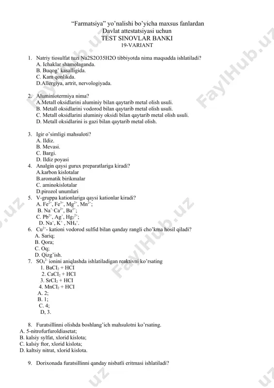 ltsiy nitrat, xlorid kislota. 9. dorixonada furatsillinni qanday nisbatli eritmasi ishlatiladi? a. furatsillin eritmasi (1: 4000 ); b. furatsillin eritmasi (1: 5); c. furatsillin eritmasi (1: 5000); d. furatsillin eritmasi (1: 50). 10. me’oriy texnik xujjat bo’yicha levomisetin stearatning miqdori qaysi usul yordamida aniqlanadi? a. nitritometriya; b. argentometriya; c. kuprometriya; d. ultrabinafsha – nurlari oqimida spektrofotometrik usuli. 11. me’yoriy texnik xujjat bo’yicha levomisetinning chinligini aniqlashda qaysi reaksiyadan foydalaniladi? a. kompleks hosil bo’lish reaksiyalari; b. oksidlanish-kaytarilish reaksiyalari; c. ishqor ta’sirida gidrolitik parchalanish reaksiyasi; d. kislota ta’sirida gidrolitik parchalanish reaksiyasi. 12. fenolni qaysi erituvchida erimasligini ko’rsating. a. natriy ishqorini eritmasi; b. aliy ishqorini eritmasi; с. ammiakni eritmasi; d. natriy karbonatni eritmasi. 13. fenolni miqdorini farmakopeya buyicha aniklash usulini ko’rsating. a. bromatometrik usul; b. yodxlorometrik usul; с. yodatometrik usul; d. spektrofotometrik-usul. 14. osma kasalligida qo’llaniladigan narko’tik analgetiklar uzoq muddat qo’llanganda, qanday holat kelib chiqadi? a. tahifilaksiya b. doriga qaramlik c. tolerantlik d. kumulyatsiya …