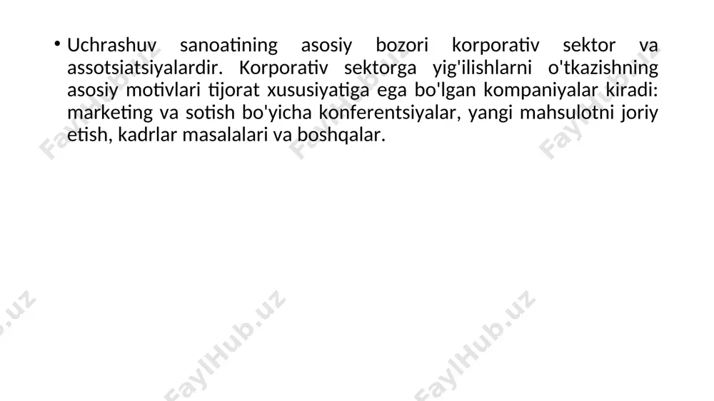 sotish uchun sayohat qilish; - ularga turli xil ta'lim maqsadlarida tashrif buyuradigan ko'rgazmalar mehmonlari, masalan, iqtisodiyotning turli sohalaridagi so'nggi yutuqlar bilan tanishish yoki sotib olish va shartnomalar tuzish uchun. turli xil baholarga ko'ra, savdo ko'rgazmalari ularning ishtirokchilari uchun turli xil oqibatlarga olib keladi. 1. ko'rgazmalar doirasida aniq bozor segmentlarini aniq yo'naltiradigan va mahsulotlar va xizmatlarni targ'ib qilish bilan birga maqsadli uchrashuvlar o'tkaziladi. 2. ko'rgazma mehmonlarining aksariyati xaridlarni amalga oshirish huquqiga ega. 3. ko'rgazmalar ko'plab savdo rahbarlarini birlashtiradi va ko'plab eskirgan savdo normalarini o'zgartiradi. korporativ uchrashuvlarning maqsadi (1/2) kompaniyalarning yig'ilishlari muqarrar, chunki ayrimlari qonunda nazarda tutilgan; ba'zilari esa boshqa maqsadlarda, shu jumladan matbuot anjumanlari, mahsulotni ishlab chiqarish va yangi biznes-reja e'lonlari uchun o'tkaziladi, korporativ uchrashuvlarning maqsadlari va vazifalari (1/2) "maqsadlar" bu kompaniya tomonidan belgilangan uzoq muddatli maqsadlardir "ob'ektivlar" ko'pincha har bir faoliyat uchun belgilangan qisqa muddatli maqsadlar sifatida qaraladi korporatsiya yig'ilishining maqsadi xodimlarning kompaniyaning olib boradigan yo'nalishi to'g'risida ko'proq tushunchaga ega …