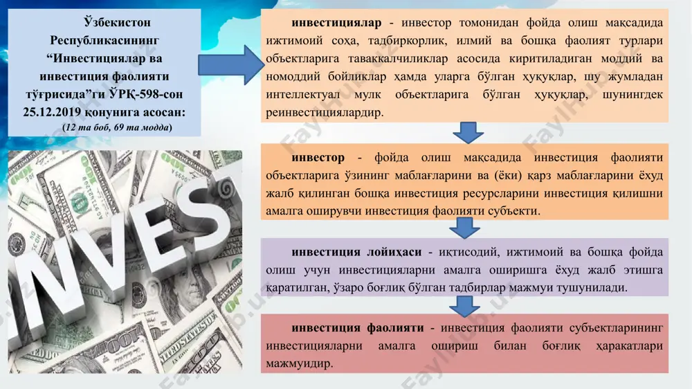 berilmagan. jumladan, prof. d. g'. g'ozibekov investitsiyalarning iqtisodiy mazmun – mohiyatini moliyaviy kategoriya sifatida talqin etib, quyidagicha ta'rif berib o'tgan: “investitsiyalarning mazmuni aniq va ishonchli manbalardan mablag'lar olish, ularni asosli holda safarbar etish, rikslar darajasini hisobga olgan holda kapital qiymatini saqlash va ko'zlangan samarani olishdan iborat bo'ladi”. boshqacha aytganda, investitsiyalar – mulkchilikning har xil ko'rinishlaridagi moddiy, moliyaviy va nomoddiy boyliklarni iqtisodiy – ijtimoiy daromad olish maqsadida muomalaga kiritishdir. investitsiyalarning mo'ljallangan ob'ektiga ko'ra turlari kapital investitsiyalar moliiyaviy investitsiyalar ijtimoiy investitsiyalar asosiy fondlarni yaratish va takror ko'paytirishga, shu jumladan yangi qurilishga, modernizatsiya qilishga, rekonstruktsiya qilishga, texnik jihatdan qayta jihozlashga, shuningdek moddiy ishlab chiqarishning boshqa shakllarini rivojlantirishga kiritiladigan investitsiyalar kapital investitsiyalar jumlasiga kiradi. aktsiyalar, korporativ, infratuzilmaviy va davlat obligatsiyalariga, shuningdek qimmatli qog'ozlarning boshqa turlariga kiritiladigan investitsiyalar moliyaviy investitsiyalar jumlasiga kiradi inson salohiyatini, ko'nikmalarini va ishlab chiqarish tajribasini rivojlantirishga, shuningdek nomoddiy boyliklarning boshqa shakllarini rivojlantirishga kiritiladigan investitsiyalar ijtimoiy investitsiyalar jumlasiga kiradi. investitsiyalarni amalga oshirish …