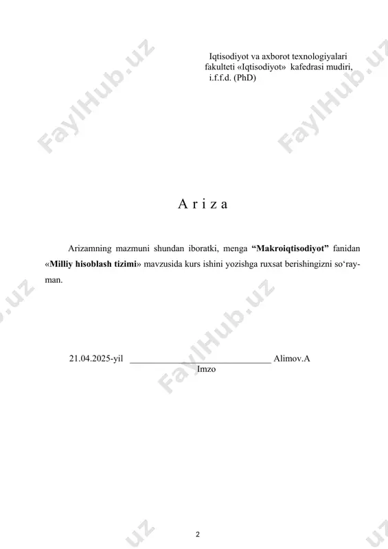 alakaviy ishlarni baholash mezonlari va kurs ishlarini baholash mezonlarini ishlab chiqish haqidagi universitet o’quv bo’limi tomonidan berilgan ko’rsatmalar. «tasdiqlayman» “iqtisodiyot” kafedrasi mudiri ____________ i.f.f.d. (phd) mamajonova.t imzo 28-avgust 2024-yil. «makroiqtisodiyot» fanidan kurs ishini yozish bo’yicha t o p sh i r i q 60310100 – “iqtisodiyot (tarmoqlar va sohalar bo`yicha)” ta’lim yo’nalishi sirtqi ta’lim shakli 2-kurs s.iqt-28-23-guruh talabasi muhamadiyeva nafisa qudratovna topshiriqlar: 1. ishlanadigan mavzu: milliy hisoblash tizimi 2. boshlang’ich ma’lumotlar: __________________________________________________________________________________________________________________________________________________________________________ 3. qo’llanmalar: ____________________________________________________________________________________________________________________________________________________________________________________________________________________________________________________________________________________________________________________________________________________ 4. chizma qismining tuzilishi:____________________________________________________________________________________________________________________________________________________________________________________________________________________________________________________________________________________________________________________________________________ 5. yozma qismining tuzilishi: __________________________________________________________________________________________________________________________________________________________________________ 6. qo’shimcha vazifa va ko’rsatmalar: __________________________________________________________________________________________________________________________________________________________________________ kurs ishi paragraflarini bajarilish sanasi va unga qo’yilgan baholar: t/r 1 2 3 4 5 himoya sana baho ilm