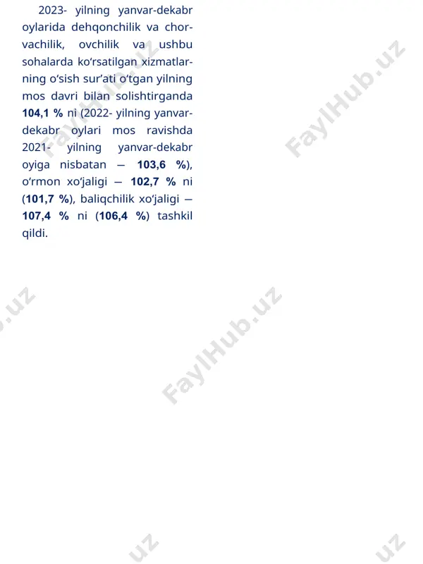 shi, % da o‘zbekiston respublikasi 403 974,4 103,6 94,8 qoraqalpog‘iston respublikasi 15 530,9 104,1 93,9 andijon 41 590,5 104,0 96,1 buxoro 37 325,7 103,6 97,2 jizzax 26 747,7 104,1 97,0 qashqadaryo 39 415,8 104,6 98,1 navoiy 18 909,8 101,8 96,0 namangan 30 915,6 104,4 94,2 samarqand 47 974,9 104,9 93,7 surxondaryo 31 679,0 101,7 94,1 sirdaryo 13 319,0 101,0 90,8 toshkent 36 297,2 103,1 88,5 farg‘ona 37 501,4 103,6 95,1 xorazm 26 766,9 103,6 96,3 respublikaning qishloq, o‘rmon va baliqchilik xo‘jaligi mahsulot (xizmat)larining umumiy hajmida kichik biznes va xususiy tadbirkorlikning ulushi 94,8 % ni tashkil etdi. ushbu ko‘rsatkichni hudular bo‘yicha tahlil qilar ekanmiz, jami tarmoqqa nisbatan kichik biznes va xususiy tadbirkorlikning yuqori ulushiga ega hududlarga qashqadaryo (98,1 %), buxoro (97,2 %), jizzax (97,0 %), xorazm (96,3 %), andijon (96,1 %) va navoiy (96,0 %) viloyatlarini keltirishimiz mumkin. 2023- yilning yanvar-dekabr oylarida yetishtirilgan qishloq xo‘jaligi mahsulotlari hajmi 404 648,6 mlrd, so‘mni …
