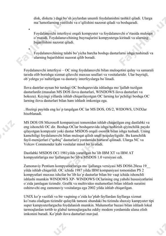 ilgan va dasturiy interfeyslarga bo`linadi. ilova dastrlar-aynan bir turdagi oc boshqaruvida ishlashga mo`ljallab tuzilgan dasturlardir.(masalan ms dos ilova dasturlari, windows ilova dasturlari va hokoza). keyingi yillarda ishlab chiqarilayotgan oc larning ko`pchiligi boshqa oc larning ilova dasturlari bilan ham ishlash imkoniga ega. . hozirgi payitda eng ko`p tarqalgan oc lar ms dos, os/2, widows, unixlar hisoblanadi. ms dos os microsoft kompaniyasi tomonidan ishlab chiqarilgan eng dastlabki va eng ishonchli oc dir. boshqa oclar boshqaruvida ishga tushirish qiyinchilik paydo qilayotgan kompyutir yoki dastur msdos orqali osonlik bilan ishga tushadi. uning kamchiligi foydalanuvchi bilan muloqat qilish usuli noqulayligidir. bu kamchilik fayil-menijerlari (“qobiq” dasturlari) yordamida bartaraf qilinadi. ularga nc va volcov commonder kabi vositalar misol bo`la oladi. dastlabki msdos oci 1981yilda yaratilgan bo`lib ibm xt va ibm at kompyutirlariga mo`ljallangan bo’lib u msdos 1.0 versiyasi edi. zamonaviy pentium kompyutiorlariga mo`ljallanga versiyasi ms dos6.20esa 19__ yilda ishlab chiqarildi. oc ichida 1987 yilda ibm kompaniyasi tomonidan …