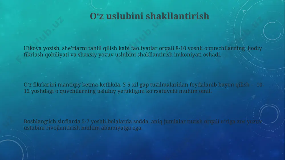n bolalarda ijodiy yozuv koʻnikmalarini shakllantirishga hissa qoʻshadi. asosiy qismlar: kirish, asosiy qism, xulosa kirish qismi odatda 3-5 jumladan iborat boʻlib, asosiy mavzu va uning 2-3 ta asosiy fikrlarini qisqacha bayon etadi. xulosa qismi 2-3 jumladan iborat boʻlib, asosiy fikrlarni qisqacha umumlashtiradi va mavzuga oid xulosani bayon etadi. asosiy qism 3-5 xil paragrafdan tashkil topib, har bir paragrafda asosiy fikrlarning bittasi batafsilroq, dalillar va misollar bilan izohlanadi. turli xil insholar turlari insholarning mavzusi oʻquv dasturiga, bolalar hayotiga, tabiat hodisalari va atrof-muhitga bogʻliq boʻlib, kamida 2-3 ta asosiy fikrni oʻz ichiga oladi va mantiqiy tartibda bayon etiladi. boshlangʻich maktabda 3 ta asosiy insholar turi mavjud: rivoyat qiluvchi, taʼriflovchi va bahslovchi insholar. har bir turi oʻziga xos xususiyatlarga va tuzilishga ega boʻlib, bolalar turli fikrlash usullarini rivojlantirishga yordam beradi. insholar uzunligi 50 soʻzdan 200 soʻzgacha farq qilishi mumkin, bu esa bolalarning yosh xususiyatlari va yozuv koʻnikmalarining rivojlanish darajasiga bogʻliq. murakkablik darajasi sinf …