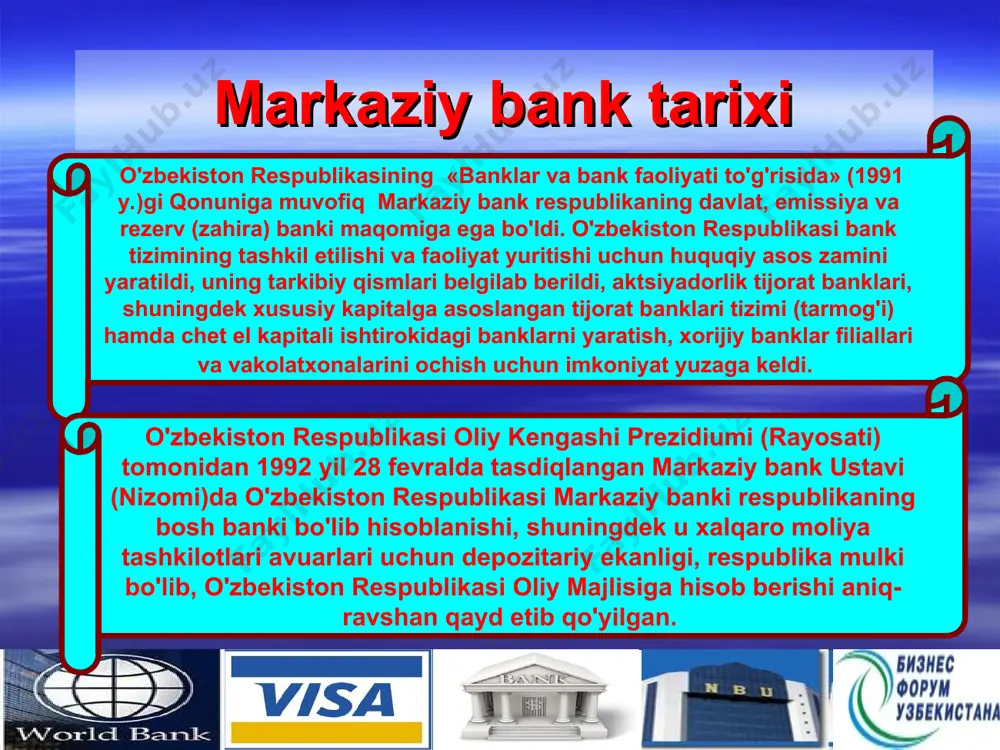 tartibga solish va valyutani nazorat qilish bo'yicha davlat organidir. * o'zbekiston respublikasi xududida barcha shaxslar uchun ijro etish majburiy bo'lgan valyutani nazorat qilishga doir normativ hujjatlar chiqaradi; banklar, boshqa yuridik va jismoniy shaxslarga chet el valyutasida operatsiyalar o'tkazish uchun litsenziyalar beradi va litsenziyalarni qaytarib oladi, ularning faoliyatini nazorat qiladi va tartibga solib boradi; banklar uchun ochiq valyuta mavqei limitlarini va boshqa iqtisodiy normativlarni belgilaydi; milliy valyutaning chet el valyutasiga nisbatan kursini aniqlash tartibini belgilaydi; markaziy bank * “o'zbekiston respublikasining markaziy banki to'g'risida”gi qonunning 4-moddasidamarkaziy bank uchun taqiqlangan faoliyat turlari belgilangan. moliyaviy yordam ko'rsatish bilan shug'ullanishga; tijorat faoliyati bilan shug'ullanishga; bunda markaziy bank: * markaziy bank boshqaruvi quyidagi vakolatlarga ega: monetar siyosatning yo'nalishlarini, shu jumladan, markaziy bankning ochiq bozordagi operatsiyalari ko'lami, markaziy bankning hisob va ssuda berishdagi foiz stavkalari hamda banklarning markaziy bankdagi majburiy rezervlari normasini belgilaydi markaziy bankning normativ hujjatlarini tasdiqlaydi; markaziy bankning xalqaro tashkilotlardagi ishtiroki masalasini hal qiladi banknotlar …