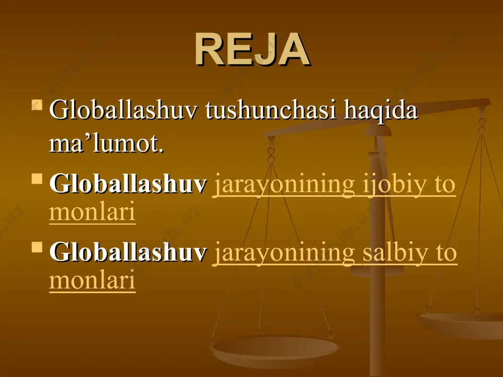 rchas bog‘lanib boryaptiki, biron mamlakatning bu jarayon-dan chetda turishi ijobiy natijalarga olib kel-masligini tushunish, anglash qiyin emas. shu ma’noda, globallashuv — bu avvalo hayot sur’atlarining beqiyos darajada tezlashuvi demaqdir. har bir ijtimoiy hodisaning ijobiy va salbiy tomoni bo‘lgani singari, globallashuv jarayoni ham bundan mustasno emas. hozirgi paytda uning g‘oyat o‘tkir va keng qamrovli ta’sirini deyarli barcha sohalarda ko‘rish, his etish mumkin. ayniqsa, davlatlar va xalqyaar o‘rtasidagiintegratsiya va hamkorlik aloqalarining kuchayishi, xorijiy investitsiyalar, kapital va tovarlar, ishchi kuchining erkin harakati uchun qulayliklar vujudga kelishi, ko‘plab yangi ish o‘rinlarining yaratilishi, zamonaviy kommunikatsiya va axborot texnologiyalarining, ilm-fan yutuqlarining tezlik bilan tarqalishi, turli qadriyatlarning umuminsoniy negizda uyg‘unlashuvi, sivilizatsiyalararo muloqotning yangicha sifat kasb etishi, ekologik ofatlar paytida o‘zaro yordam ko‘rsatish imkoniyatlarining ortishi — tabiiyki, bularning barchasiga globallashuv tufayli erishilmoqda. ayni paytda hayot haqiqati shuni ko‘rsatadi-ki, har qanday taraqqiyot mahsulidan ikki xil maqsadda - ezgulik va yovuzlik yo‘lida foydalanish mumkin. agarki bashariyat tarixini, uning tafakkur rivojini …