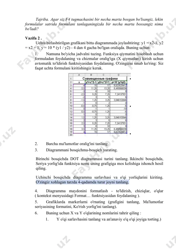 hiziqlar, o'qlar ( kontekst menyusidagi format… funktsiyasidan foydalaning ). 5. grafiklarda markerlarni o'rnating (grafigini tanlang, ma'lumotlar seriyasining formatini, ko'rish yorlig'ini tanlang). 6. buning uchun x va y o'qlarining nomlarini tahrir qiling : 1. y o'qi sarlavhasini tanlang va an'anaviy o'q o'qi joyiga torting.) 2. y o'qi nomidagi kontekst menyusiga qo'ng'iroq qiling, format o'qi nomi buyrug'ini, hizalama yorlig'ini tanlang, gorizontal yo'nalishni o'rnating. amaliy ishni baholash: amaliy ish test muammolari bilan baholanadi ( 9 - amaliy dars uchun test ). sinov 10 savolni o'z ichiga oladi; ijro muddati 15 daqiqa, maksimal ball 100, o'tish ballari 60 image1.jpeg image2.jpeg