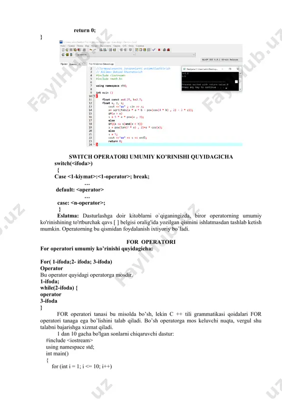 (ifoda) 1 - operator; shartli operator bajarilganda avval ifoda hisoblanadi ; agar qiymat rost ya'ni noldan farqli bo’lsa 1 - operator bajariladi. agar qiymat yolg’on ya'ni nol bo’lsa va else ishlat ilsa 2 - operator bajariladi. else qism har doim eng yaqin if ga mos qo’yiladi. shart operatori tarkibida ixtiyoriy operatordan foydalanish mumkin. shu o`rinda shart operatoridan ham. misol: berilgan a sonini juft yoki toqligini aniqlovchi dastur tuzil sin. agar a sonini 2 ga bo'lganda qoldiq 0 ga teng bo'lsa, bu son juft, aks holda toq. #include using namespace std; int main() { int a; cin >> a; if (a % 2 == 0) cout /docprops/thumbnail.emf 2-аmаliy mаshg’ulоt mavzu: mantiqiy dasturlash texnologiyasi ishdan maqsad: mantiqiy dastur tuzilmasi. shartli, shartsiz va tanlash operatorlari. takrorlash operatorlari. ularning turli formalari (parametrli, shartni oldin va keyin tekshiruvchi operatorlar). takrorlanivchu strukturali dasturlar. murakkab algoritmlarni ifodalaydigan soha masalalarini dasturini tuzishni o’rganishdan iborat. uslubiy ko’rsatmalar shart operatori …