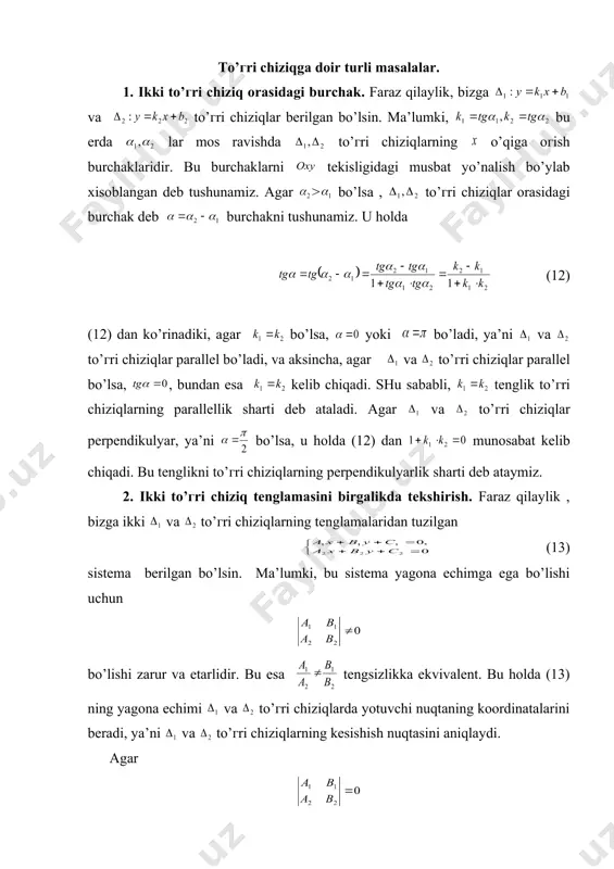 chiqadi. demak, nuqtadan berilgan to’гri chiziqgacha bo’lgan masofani topish uchun, nuqtaning koordinatalarini to’гri chiziqning normal tenglamasini chap tomonidagi noma’lumlar o’rniga qo’yish kifoya ekan. agar to’гri chiziq tenglamasi normal bo’lmasa, u holda normallovchi ko’paytuvchi yordamida normal ko’rinishga keltirib, so’ngra (15) formula yordamida talab qilingan masofani hisoblaymiz. to’гri chiziqlar dastasining tenglamasi. tekislikning nuqtasidan o’tgan barcha to’гri chiziqlari to’plami markazli to’гri chiziqlar dastasi deb ataladi. teorema . agar va lar nuqtada kesishuvchi to’гri chiziqlar, va lar bir vaqtda nolga teng bo’lmagan iхtiyoriy sonlar bo’lsa, u holda (16) nuqtadan o’tuvchi to’гri chiziq tenglamasi bo’ladi. isboti. avval (16) haqiqatan tenglama ekanligini ko’rsataylik, buning uchun uni quyidagi ko’rinishda yozib olamiz: (17) bu erda va lar bir vaqtda nolga teng bo’laolmaydi, chunki aks holda, embed equation.3 va embed equation.3 dan kelib chiqadi, buni esa bo’lishi mumkin emas, chunki bu to’гri chiziqlar shartga ko’ra kesishadi. bu esa (17) tenglama ekanligini ko’rsatadi. demak, u tekislikda biror to’гri chiziqni ifodalaydi. …