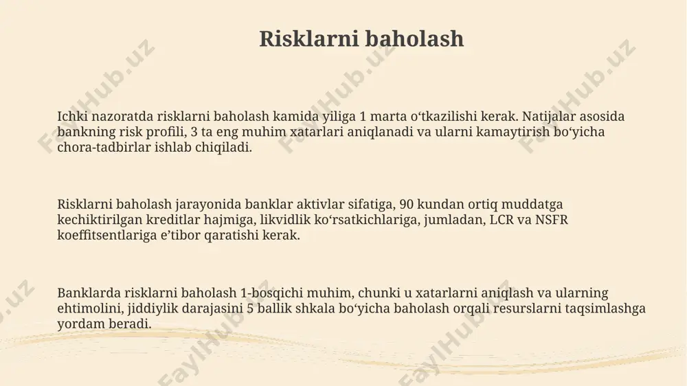 dan ortiq bunday siyosatlar mavjud. ichki audit ichki audit xodimlari mustaqil bo'lishi va direktoralar kengashiga hisobot berishi shart. ularning vazifasi 5 tadan ortiq asosiy tekshiruv sohalarini qamrab olgan ichki audit rejasini amalga oshirishdir. ichki audit bo'limi bankning barcha operatsiyalarini, jumladan kreditlash siyosatini, depozitlarni boshqarishni va 100 dan ortiq turli xil jarayonlarni monitoring qiladi va kamida bir marta yilda tekshiradi. ichki audit bankning moliyaviy hisobotlarining ishonchliligi va aktivlarning himoyasini ta'minlash uchun risklarni boshqarish, nazorat qilish va boshqaruv jarayonlarining samaradorligini baholaydi. ichki bank nazoratining mohiyati va ahamiyati ichki nazoratning mohiyati aktivlarning himoyasini, moliyaviy hisobotlarning ishonchliligini va 1996 yildagi "banklar va bank faoliyati to'g'risida"gi qonunga rioya qilishni ta'minlashdan iborat. ichki bank nazorati bankning operatsiyalari va risklarini boshqarishning asosi hisoblanadi, u 3 qator himoya modelida muhim rol o'ynaydi. ichki bank nazorati bankning uzoq muddatli barqarorligi uchun muhim ahamiyatga ega, sababi u kapital yetarliligini oshiradi, kredit risklarini kamaytiradi va sof foydaga ta'sir etuvchi 20 foizdan …