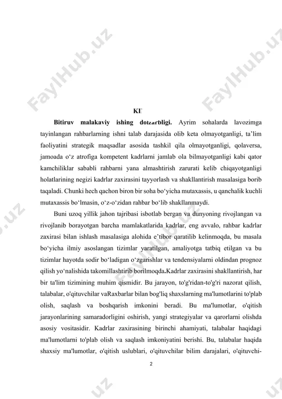 n tizimlar yaratilgan, amaliyotga tatbiq etilgan va bu tizimlar hayotda sodir bo‘ladigan o‘zgarishlar va tendensiyalarni oldindan prognoz qilish yo‘nalishida takomillashtirib borilmoqda.kadrlar zaxirasini shakllantirish, har bir ta'lim tizimining muhim qismidir. bu jarayon, to'g'ridan-to'g'ri nazorat qilish, talabalar, o'qituvchilar varaxbarlar bilan bog'liq shaxslarning ma'lumotlarini to'plab olish, saqlash va boshqarish imkonini beradi. bu ma'lumotlar, o'qitish jarayonlarining samaradorligini oshirish, yangi strategiyalar va qarorlarni olishda asosiy vositasidir. kadrlar zaxirasining birinchi ahamiyati, talabalar haqidagi ma'lumotlarni to'plab olish va saqlash imkoniyatini berishi. bu, talabalar haqida shaxsiy ma'lumotlar, o'qitish uslublari, o'qituvchilar bilim darajalari, o'qituvchi-talaba munosabatlari va boshqalar kabi ma'lumotlar bo'yicha keng imkoniyatlar yaratadi. bu ma'lumotlar, o'qituvchilar varaxbarlar uchun talabalarning iste'dodlarini aniqlash, o'qitishni individual o'rganish yo'li bilan ta'minlash, o'qitish texnologiyalarini to'g'ri tanlash va o'qitishning samaradorligini oshirishga yordam beradi. ikkinchi ravishda, kadrlar zaxirasining shakllantirishining ahamiyati o'qituvchilar haqida ma'lumotlarni o'z ichiga oladi. bu ma'lumotlar, o'qituvchilarning o'zining bilim va tajribasini, o'qitish uslublarini, sohalaridagi tajribalarini va o'qitishning yanada rivojlanishi uchun kerakli tibbiyotni aniqlash imkonini …