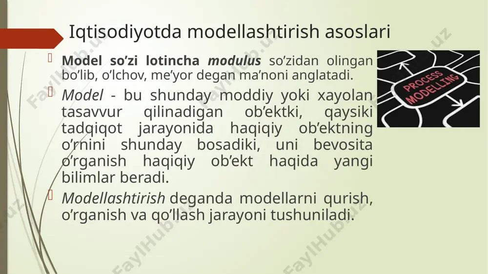 dekslar nazariyasi. ekonometrik usullar - iqtisodiy o‘sish nazariyasi, ishlab chiqarish funkцiyasi nazariyasi, talab va taklif nazariyasi ekonometrikani o‘rganish jarayoni – bu iqtisodiyot, iqtisodiy jarayonlarning ekonometrik modellarini tuzish jarayonidir. asosiy qo‘llanadigan usuli – korrelyaцion-regression tahlil usuli ekonometrikaning statistika va boshqa fanlar bilan aloqasi ekonometrik modellashtirish quyidagi ilmiy yo‘nalishlar kompleksidir: - iqtisodiy nazariya; - ehtimollar nazariyasi; - matematik statistika; - kompyuter texnologiyalari image1.jfif image2.png image3.wmf image4.wmf image5.emf image6.emf oleobject1.bin oleobject2.bin oleobject3.bin oleobject4.bin ( ) 12 ,,..., n yfxxx = y   n xxx,...,, 21 y /docprops/thumbnail.jpeg