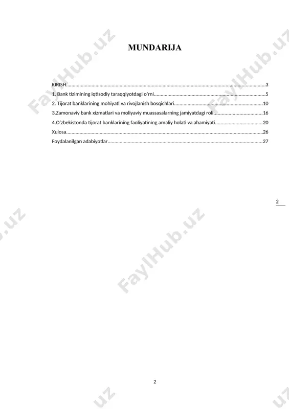 statistik ma’lumotlar asosida tahlil olib borish. tijorat banklari faoliyatini takomillashtirish bo‘yicha takliflar ishlab chiqish. tadqiqot usullari: mazkur kurs ishini yozish jarayonida mavzuga oid dolzarb muammolarni aniqlash, ularni ilmiy asosda tahlil qilish hamda xulosalar chiqarish uchun bir nechta ilmiy-tadqiqot usullaridan foydalanildi. tarixiy usul – tijorat banklarining kelib chiqishi, rivojlanish bosqichlari va bugungi kundagi holati tarixiy nuqtai nazardan o‘rganildi. statistik usul – bank tizimi faoliyatiga oid rasmiy statistik ma’lumotlar asosida grafik va jadval ko‘rinishida tahlillar o‘tkazildi. tahliliy-xulosa chiqarish usuli – o‘rganilgan ma’lumotlar asosida mavzuga doir xulosalar va tavsiyalar ishlab chiqildi. kurs ishining obyekti o’zbekiston respublikasi bank tizimi hisoblanadi. kurs ishining predmeti bank tizimida amalga oshirilayotgan ijtimoiy-iqtisodiy islohotlardan iborat. kurs ishining nazariy va uslubiy asoslarini xorijlik yetakchi olimlarning bank tizimiga doir amaliy ishlanmalari, ilmiy maqola va konseptual nazariyalari tashkil etadi. 1. bank tizimining iqtisodiy taraqqiyotdagi o‘rni bank tizimi har qanday davlatning moliyaviy infratuzilmasining asosiy tayanchidir. u iqtisodiyotning muhim bo‘g‘inlari – ishlab chiqarish, xizmat …