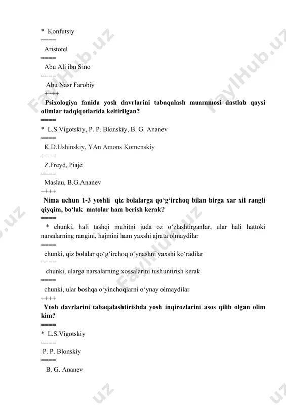 o‘yinqaroqlikning ortishi ==== topshiriqqa amal qilmaslik ++++ bolalarda kattalarga taqlid qaysi harakatlarida namoyon bo‘ladi? ==== * rolli o‘yinlarda ==== o‘yinchoqlarni tanlashida ==== tengdoshlariga munosabatda ==== tasavvurlarini aytganda ++++ bolaning ko‘zguda o‘z aksini kattalar yordamisiz tanishi qachondan boshlanadi? ==== * ilk bolalik davrida ==== go‘daklik davrida ==== chaqaloqlik davrida ==== kichik maktab yoshida ++++ bola tug‘ilganidayoq mavjud bo‘lgan shartsiz reflekslarning ko‘pchiligi yo‘qolib ketishi qachondan boshlanadi? ==== * ilk bolalik davrida ==== go‘daklik davrida ==== chaqaloqlik davrida ==== kichik maktab yoshida ++++ bola necha yoshda jismoniy va psixologik jihatdan maktabga tayyor hisoblanadi? ==== * 7 yoshda ==== 6 yoshda ==== 5 yoshda ==== 8 yoshda ++++ maktabgacha yoshdagi bolalarning ahloqiy tushunchalarini shakllantirishda qaysi omillar muhim hisoblanadi? ==== * oila, bog‘cha, ijtimoiy muhit ==== tengdoshlar va atrof muhit ==== mahalla, bog‘cha, qarindoshlar ==== tengdoshlar va qarindoshlar ++++ bola yuzida shaklan tabassumga o‘xshash harakatlarning ilk bora kuzatilishi qachondan boshlanadi? ==== * chaqaloqlik davrida ==== …