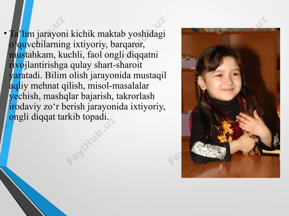 o‘quv faoliyatidan tashqari boshqa faolyyatlar o‘yin, muloqot va mehnat faoliyati ham o‘quvchi shaxsi rivojiga bevosita taʼsir ko‘rsatadi. bu faoliyatlar asosida muvaffaqiyatga erishish motivlari bilan bogliq bo‘lgan shaxsiy xususiyatlar tarkib topa boshlaydi. o‘quv faoliyati kichik maktab yoshidagi bolalarda o‘qishda maʼlum yutuqlarga erishish ehtiyojini qondirishga, shuningdek, tengdoshlari orasida o‘z o‘rniga ega bo‘lishiga imkoniyat ham yaratadi kichik maktab yoshida bilish sohasining rivojlanishiga xos xususiyatlar idrok, diqqat, xotira, tasavvur jarayonlarida ixtiyoriylik darajasi ortadi kichik maktab yoshida bilish sohasining rivojlanishiga xos xususiyatlar (davomi) 7-9 yoshdan produktiv tasavvurlar rivojlana boshlaydi kichik maktab yoshida emotsional sohaning rivojlanishiga xos xususiyatlar (davomi) suhbatdosh emotsional holatini farqlash, tengdoshlar orasidagi tanqidga taʼsirchanlik darajasi ortadi do‘stlashish motivlari orasida tashqi motivlarning roli kamayadi kichik maktab yoshida motivatsion soha rivojlanishiga xos xususiyatlar o‘quv faoliyatida dastlab ijtimoiy motivlar, davrning ikkinchi yarmidan bilish motivlari yetakchilik qiladi kichik maktab yoshida motivatsion soha rivojlanishiga xos xususiyatlar (davomi) bolalar uchun taqiqlangan joylar – tashlandiq joylar, axlatxonalar, qabristonlar va boshqa …
