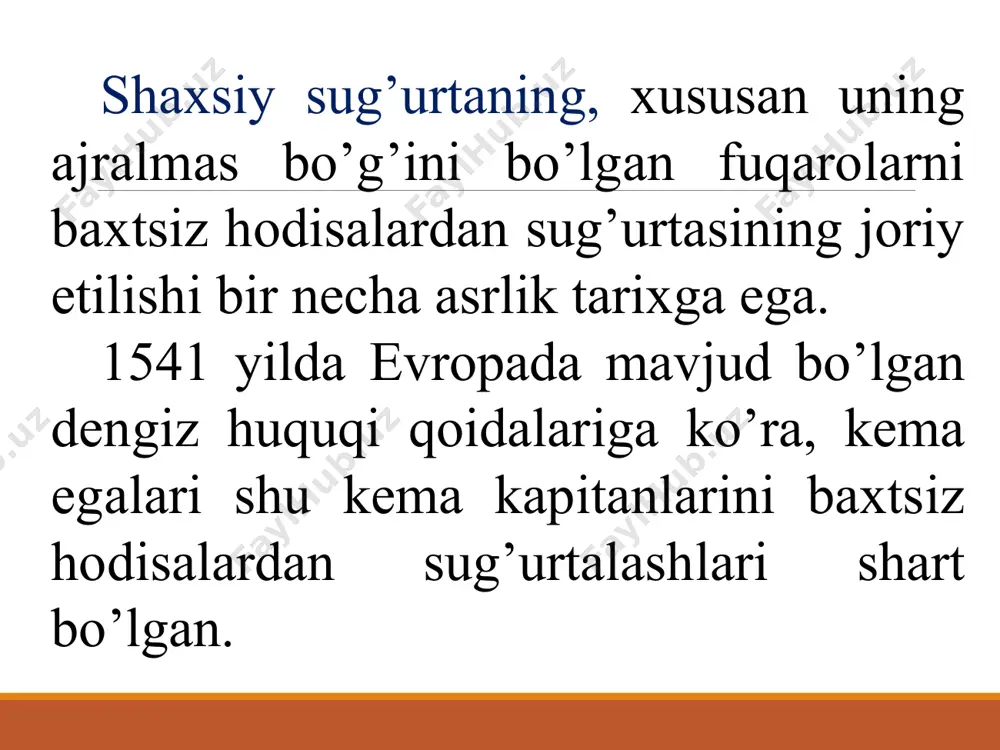 bo’linadi: hayot sug’urtasi; sog’liqni sug’urtalash; sog’liqni sug’urtalash, o’z navbatida, 2 ta guruhga bo’linadi: baxtsiz hodisalardan sug’urtalash; tibbiy sug’urta. ilmiy-iqtisodiy adabiyotlarda shaxsiy sug’urta turlicha tasniflanadi. ixtiyoriy shaxsiy sug’urta turlariga quyidagilar kiradi: hayot sug’urtasi; fuqarolarni baxtsiz hodisalardan sug’urtalash; fuqarolarning sog’lig’ini va kasalliklardan sug’urtalash; fuqaroni ma’lum yoshgacha etishish sug’urtasi; vafot etish holatidan uzoq muddatli sug’urta; tibbiy sug’urta; chet elga ketuvchilarni kasalliklardan sug’urta; maktab o’quvchilarini baxtsiz hodisalardan sug’urtalash. shaxsiy sug’urta ixtiyoriy va majburiy shakllarda amalga oshiriladi. yo’lovchilarni baxtsiz hodisalardan majburiy sug’urtalash; soliq organlari xodimlarini baxtsiz hodisalardan majburiy davlat sug’urtasi; o’zbekiston respublikasi mudofaa vazirligi, ichki ishlar vazirligi, milliy xavfsizlik xizmati, davlat bojxona qo’mitasi, favqulodda vaziyatlar vazirligi xodimlarini baxtsiz hodisalardan majburiy davlat sug’urtasi. majburiy tarzda amalga oshiriladigan shaxsiy sug’urta turlariga quyidagilar kiradi: baxtsiz hodisalardan sug’urtalash; ixtiyoriy tibbiy sug’urta va kasal bo’lish holatidan sug’urta; chet elga ketayotgan shaxslarni sug’urtasi; hayot sug’urtasi. hozirgi paytda mamlakatimizda faoliyat ko’rsatayotgan sug’urta tashkilotlari, asosan, quyidagi sug’urta turlarini amalga oshirishadi: jarohat olganda; suyaklarni …