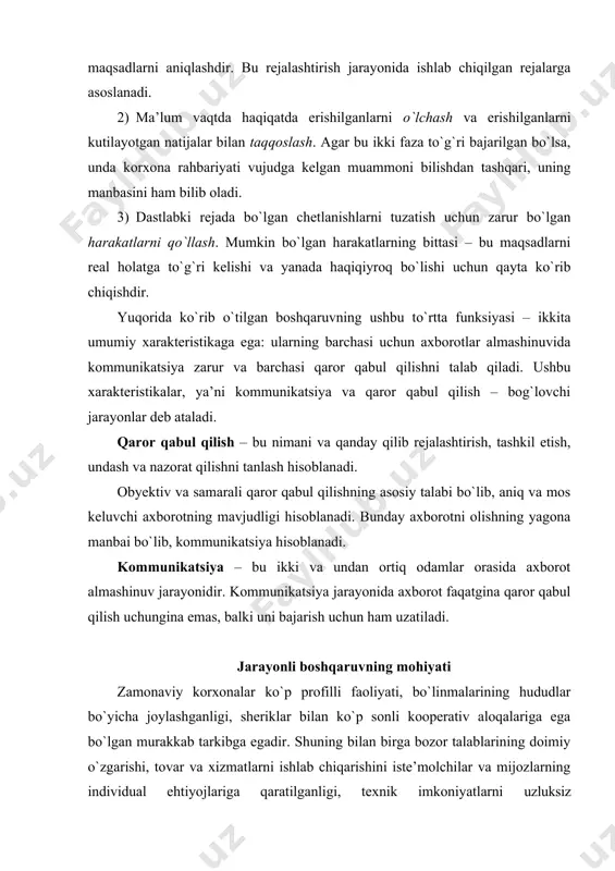var va xizmatlarni ishlab chiqarishini iste’molchilar va mijozlarning individual ehtiyojlariga qaratilganligi, tеxnik imkoniyatlarni uzluksiz takomillashtirish va kuchli raqobat korxonalarning moliyaviy-xo`jalik faoliyati dinamikligini oshiradi va korxonadan bozor talablariga moslasha oladigan mеnеjmеnt tizimini yaratishga undaydi. korxona faoliyat turi quyidagi farqli bеlgilarga ega: · aniq shakllantirilgan maqsadlar doirasida mahsulotlar (xizmatlar) sotish yo`li bilan bozor vazifalarini mustaqil hal etadi; · qat’iy bеlgilangan tashqi raqobatchilarga ega; · asosiy xo`jalik funksiyalarini amalga oshirishda nisbiy xo`jalik mustaqilligiga ega (ishlab chiqarish, sotish). korxonalarning faoliyat turi tarkibi va mohiyatini aniqlashda asos bo`lib, “qo`shimcha qiymat yaratish zanjiri” konsеpsiyasi hisoblanadi (value-add chain). qo`shilgan qiymatni yaratish zanjiri korxona tarkibiy bo`linmalarining funksiyalari kеtma-kеtligini xuddi aniq iste’mol qiymatini yaratishda bajariladigandеk tartibda o`z ichiga oladi. istalgan asosiy faoliyat turi uchun qo`shilgan qiymat yaratilishi zanjirining o`ziga xos funksiyalari bo`lib harid qilish, ishlab chiqarish, yеtkazib bеrish, mahsulot sotish va xizmat ko`rsatish funksiyalari hisoblanadi. qo`shilgan qiymat zanjirini - foyda markazi huquqiga ega bo`lgan korxona amalga oshiradi. qo`shilgan qiymat …