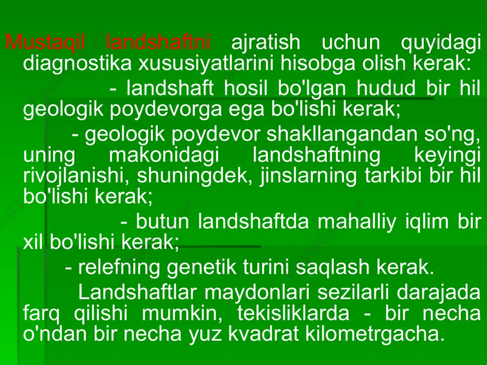 iy farqlarni yumshatdi. bu ularning tuzilishi va unifikatsiyasini soddalashtirishga olib keladi, ayniqsa biotada. shunday qilib, turli xil tabiiy landshaftlar o'rnida odam ko'pincha ekin ekiladigan tuproqli ulkan agrolandshaftlarni yaratadi. ularda bugʻdoy, sholi, makkajoʻxori, suli, kartoshka va paxta ustunlik qiladigan nisbatan kichik qishloq xoʻjaligi ekinlari yetishtiriladi. tropik va subtropik zonalarda monokulturalarning yirik plantatsiyalari keng tarqalgan. tabiiy-antropogen landshaft - bu odamlarning ijtimoiy-iqtisodiy faoliyati va etnik-madaniy an'analari ta'sirida tuzilishi va faoliyati o'zgargan landshaft. landshaft o'zgarishlariga quyidagilar kiradi: • bir yoki bir nechta komponentlarning transformatsiyasi; • vertikal va gorizontal tuzilmani qayta qurish, uni tashkil etish; • landshaftning shakllanishi va faoliyatining omillari sifatida qo'shimcha energiya manbalarining paydo bo'lishi; • landshaft tuzilishida landshaftlar faoliyatida ishtirok etuvchi texnogen kelib chiqadigan moddalar va inshootlarning (sintetik moddalar, bino va inshootlar va boshqalar) ko‘rinishi; • landshaftlarning xilma-xilligi va tabiiy strukturaviy elementlari egallagan maydonning qisqarishi. tabiiy-antropogen landshaftlar tabiatda ko'p asrlik insonning iqtisodiy tajribasining hududiy natijalaridir. ulardan ba'zilari nafaqat tabiiy, balki iqtisodiy ham …