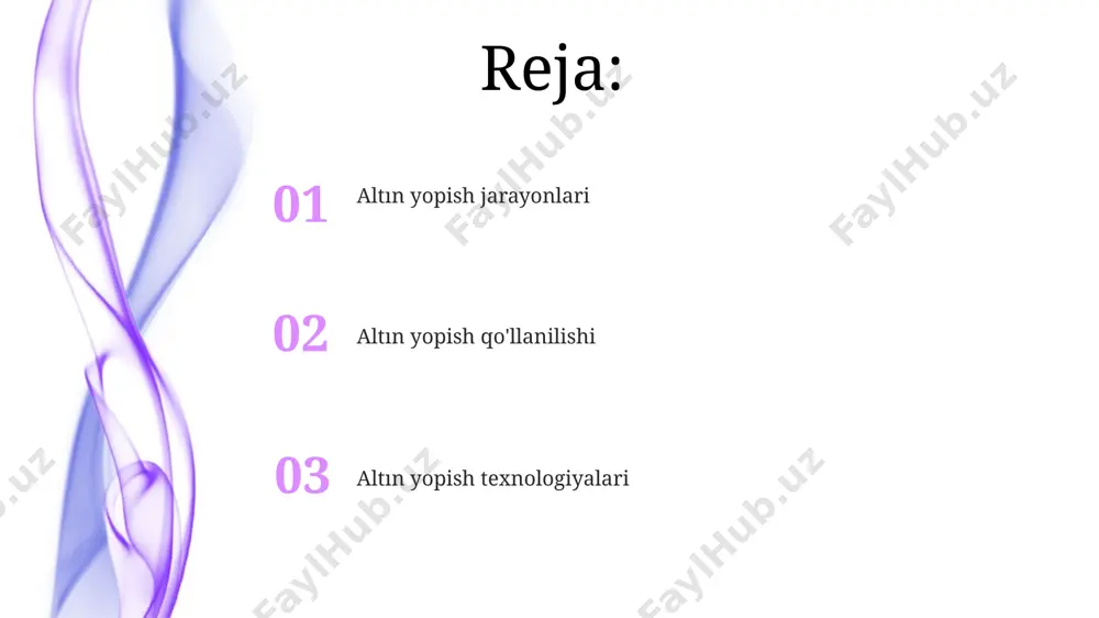 kin bo'lganni yopishtirish kerak. qoplamani himoya qilish uchun 2-3 qatlamli akril lakni, masalan, toshkentdagi "ranglar dunyosi" do'konidan sotib olingan "artis" markasini qo'llash tavsiya etiladi. qoplamani tozalash uchun yumshoq mato va distillangan suvdan foydalaning, agarda ifloslanish kuchli bo'lsa, 5% li sovun eritmasidan foydalanish mumkin, ammo keyin darhol toza suv bilan yuvib tashlash kerak. oltin yaproqlarini qo'llash usullari suv bilan aralashtirilgan, maxsus yopishqoq eritmalar yordamida 5-10 mikrometr qalinlikdagi oltin yaproqlarini qo'llash toshkentdagi hunarmandlar tomonidan o'zlashtirilgan texnik hisoblanadi. xorazm viloyatida an'anaviy usulda, 20 dan ortiq turdagi bo'yoqlar bilan birgalikda, oltin yaproqlarini qo'llash orqali yaratilgan naqshli bezaklarning 300 yildan ortiq tarixi mavjud. oltin yaproqlarini qo'llashda 23 karatli yaproqlar samarqanddagi tarixiy binolarning ta'mirlash ishlarida 15-asr uslubida bezash uchun ishlatiladi. e'tiboringiz uchun rahmat @taqdimot_robot image1.jpeg image2.jpeg image3.jpeg