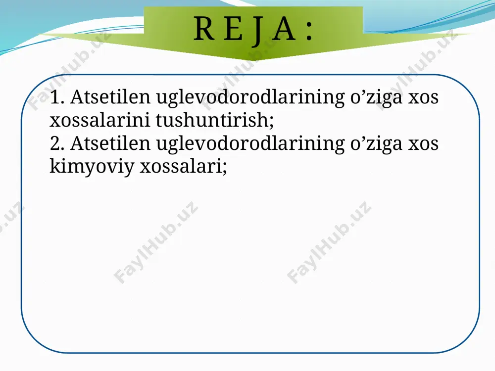 ktiv sodir bo’ladi. turli nukleofil reagentlarning birikishi. yuqorida kuzatganimizdek, asetilen va uning hosilalari suv, spirt, karbon va boshqa kislota anionlari kabi nukleofil reagentlarni biriktirib olish mumkin. bunday reaksiyalar asosan katalizatorlar - mis (i) va yoki simob (ii) tuzlari ishtirokida amalga oshiriladi. faqatgina ayrim hollarda yuqori haroratlarda (masalan, alkoksidlarning birikishi) nukleofil reagentning katalizatorlarsiz birikishini kuzatish mumkin. alkinlarning kislotaligi. o’ta kuchsiz kislotalar. kislotalik odatda, birikmaning vodorod ionini uzata olishga intilishi bilan belgilanadi (brensted-louri). yuqori kislotalik odatda vodorod elektromanfiy atom (masalan n, o, c, s) bilan bog’langan birikmalar uchun xosdir. vodorodni ushlab turuvchi bog’ qutblangan va nisbatan musbat zaryadlangan vodorod ion xolida ajralishi mumkin; boshqacha aytganda, elektromanfiy element umumlashtiruvchi elektron juftini o’zida saqlab qoladi. elektromanfiylikni nisbiy o’lchashlar natijasida quyidagi f > o > n > c qatorni kuzatish mumkin. bundan hf kuchli kislota, ch4 esa shunchalik kuchsiz kislota ekanligi va odatda uni kislota qatoriga qo’shilmaslik ham mumkin degan xulosa chiqadi. organik kimyoda, lakmusni …