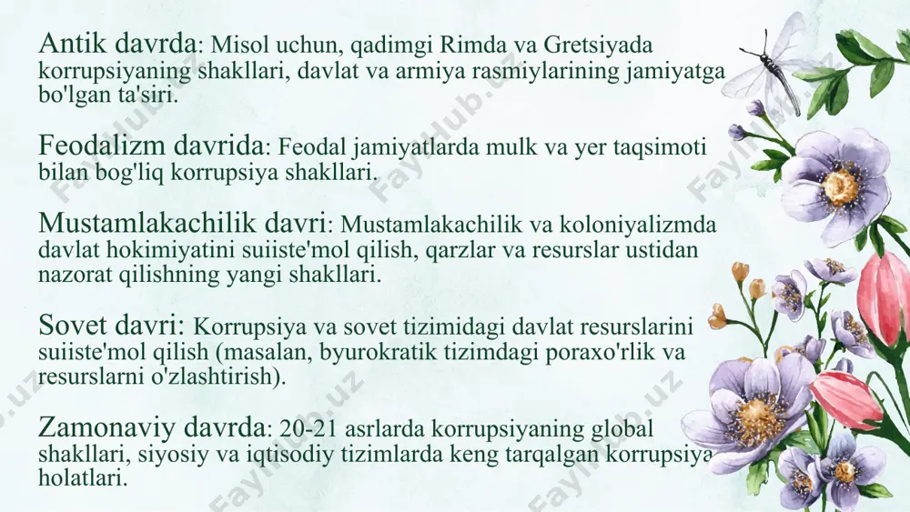 larini ishlab chiqdi. korrupsiyani kamaytirishda faqat qonunlarni kuchaytirish yetarli emas, balki jamiyatda o'zgarishlar va madaniy o'zgarishlar ham muhim rol o'ynaydi. yaponiya korrupsiyaning oldini olishda ta'lim va madaniyat yaponiya korruptsiyani oldini olish va unga qarshi kurashishda madaniyat va ta'limga katta e'tibor qaratadi. jamoat madaniyati: yaponiyada korrupsiyaga qarshi kurashning asosiy omili bu milliy mentalitet va jamiyatda korrupsiyaga nisbatan yuksak befarqlikdir. bu, o'z navbatida, davlat xizmatchilari va jamoatchilikni yuqori axloqiy normalarga rioya qilishga undaydi. korrupsiyaga qarshi ijtimoiy tashabbuslar: yaponiyada, ayniqsa, biznesda va siyosatda korrupsiyaga qarshi qat'iy ijtimoiy normativlar mavjud, bu esa korrupsiyaning keng tarqalishiga yo'l qo'ymaydi. ochiqlik va shaffoflik: yapon hukumati barcha davlat xarajatlarini va qarorlarni jamoatchilik uchun ochiq qiladi, bu esa korrupsiyani kamaytiradi. e’tiboringiz uchun rahmat! image1.jpg image2.png image3.png image4.png image5.png image20.png image21.png image12.png image13.png image6.png image8.png image22.png image23.png image18.png image15.png image10.png image7.png image17.png image16.png image14.png image24.png image19.png image9.png image11.png
