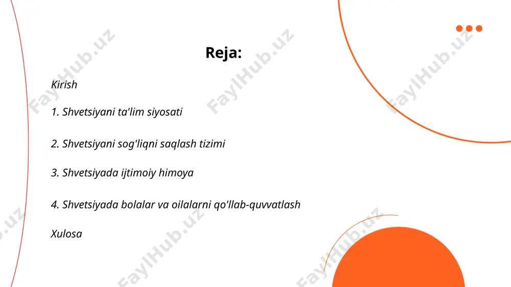 lash tizimi shvetsiyada sog'liqni saqlash tizimi kuchli bo'lib, soliqlar orqali moliyalanadi. mamlakat sog'liqni saqlash uchun umumiy daromadining 11% dan ortig'ini sarflaydi. har bir 1000 aholiga 4 shifokor to'g'ri keladi. umumiy umr ko'rish davomiyligi taxminan 82 yilni tashkil etadi. shvetsiyada tibbiy xizmatdan foydalanish imkoniyati aholining 100% uchun mavjud. davlat sog'liqni saqlash xarajatlarining qariyb 97% ni qoplaydi. shifokorlar va boshqa tibbiy xodimlarning malakasi yuqori darajada bo'lib, tibbiyot universitetlari reytingda yuqori o'rinlarni egallaydi. tug'ilish paytida ona o'limi har 100,000 tug'ilishga 4 nafarni tashkil etadi. ... t.me/slaydai_bot 3. shvetsiyada ijtimoiy himoya shvetsiyada ijtimoiy himoya tizimi dunyoning eng rivojlanganlaridan biri hisoblanadi. mamlakat yalpi ichki mahsulotining taxminan 28% ijtimoiy himoya dasturlariga sarflanadi. 2023 yilda shvetsiyada ishsizlik nafaqasi oluvchilar o'rtacha miqdori oylik 14,500 sek ni tashkil etdi. shuningdek, uydan tashqarida ishlash imkoniyatiga ega bo'lgan ayollarning 74% ijtimoiy himoyadan foydalangan. bolalar nafaqasi bola boshiga oyiga 1250 sek ni tashkil etadi. shvetsiyada nafaqaga chiqish yoshi 65, ammo 2026 yilga …