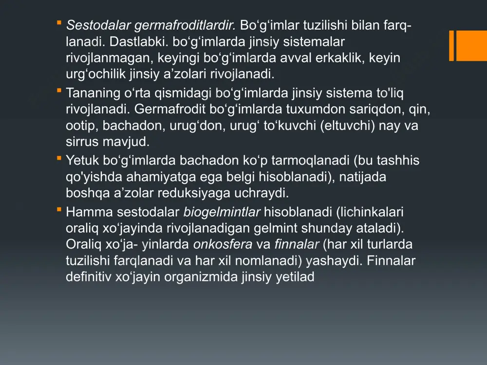 di. sistitserkoz ko‘pincha o‘limga olib keluvchi juda og‘ir kasallikdir. patogen ta’siri. zaharli va mexanik ta’sir natijasida oshqozon- ichak va nerv sistemasi faoliyati buzilishlari kuzatiladi. miya sistitserkozi juda og‘ir simptomlarga sabab bo‘lishi mumkin. laboratoriya tashhisi. axlatda yetuk bo‘g‘imlarni tekshirish asosida qo‘yiladi. yetuk bo‘g‘imda bachadon shoxchalari soni 12dan ortmaydi. sistitserkozga tashhis qo'yish uchun rentgenologik, ultratovush va immunologik tekshirishlar o‘tkaziladi profilaktikasi. shaxsiy profilaktikasi — xom yoki yaxshi pishirilmagan cho‘chqa go'shtini iste’mol qilmaslik. jamoat profilaktikasi — bozorlarda va go‘sht kombinatlarida veterinariya- sanitariya nazoratini yaxshi yo‘lga qo‘yish, cho‘chqa fermalarida ishlaydiganlarni tibbiy ko‘rikdan o‘tkazib turish orqali amalga oshiriladi. pakana gijja (hymenolepis папа) — gimenolepidoz qo‘ zg‘ atuvchisi. odamda yashash joyi. ingichka ichak paraziti hisoblanadi. geografik tarqalishi. hamma joylarda uchraydi. morfologiyasi. uzunligi 2 sm, juda kam holatda 5 sm gacha yetishi mumkin. skoleksda 4 ta so‘rg‘ichlar va ilmoqlari, xartum joylashgan. strobilada bo‘g‘imlar soni 200 ga yetishi mumkin. hayot sikli. odam ham definitiv, ham asosiy xo‘jayin hisoblanadi. odamda …