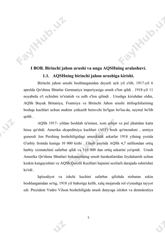 chun xavfsiz qiladigan" " barcha urushlarni tugatish uchun urush " so'radi va kongress 1917 yil 6 aprelda germaniya imperiyasiga urush e'lon qilish uchun ovoz berdi. 1917-yil 7-dekabrda aqsh avstriya-vengriyaga urush eʼlon qildi aqsh qoʻshinlari gʻarbiy frontga kela boshladi 1918 yilda ko'p miqdorda.[footnoteref:3] [3: barnes, harry elmer. the genesis of the world war (1925) pp. 590–591] 1915-yil 7-mayda germaniyaning u- 20 u-20 layneri britaniyaning lusitania laynerini bortida 128 aqsh fuqarosi bilan cho‘ktirganda, uilson germaniyaning yo‘lovchi kemalariga hujumlarini to‘xtatishni talab qildi va aqsh cheksiz suv osti urushiga toqat qilmasligi haqida ogohlantirdi. amerika huquqlari" va "xalqaro va majburiyatlar". uilsonning davlat kotibi uilyam jennings brayan prezidentning nemislarning suv osti kemalari hujumlaridan foydalanishiga qarshi noroziliklari amerikaning betaraflik haqidagi rasmiy majburiyatiga zid deb hisoblab, isteʼfoga chiqdi. boshqa tomondan, uilson sobiq prezident teodor ruzvelt boshchiligidagi urush qirg'inchilari tomonidan bosim ostida qoldi., kim "qaroqchilik" sifatida nemis harakatlarini qoralagan va sesil spring rays va ser edvard grey boshchiligidagi britaniya …