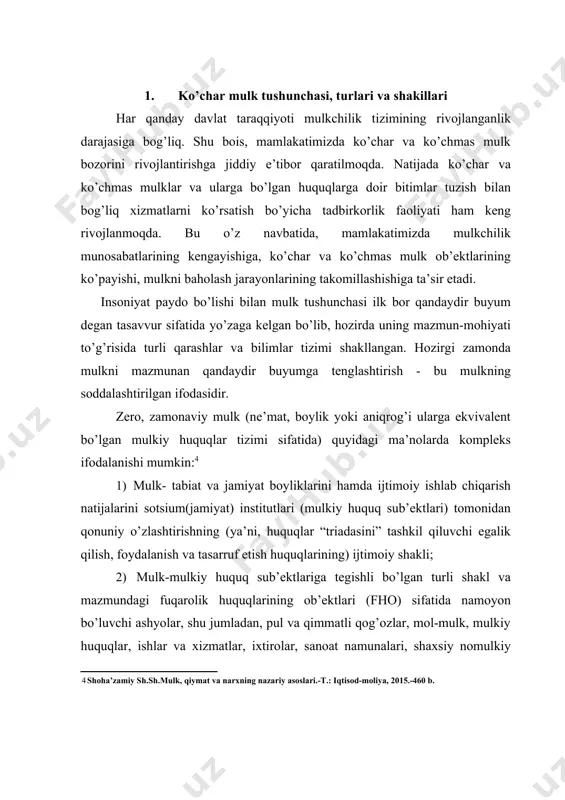 bahosiga asoslangan boshlang’ich (bozorning tovar uchun belgilagan start) narxi turlari) hamda qiymatga va narxga · ega. mulk informatsion shakldagi substantsiya sifatida xossalari mulkning kapital, tovar va unga (ularga ham) huquq shaklidagi xosiyatlari to’g’risidagi axborot tizimi shaklida ifodalanadi. mulkka oid huquqlar tasnifi keng tarqalgan bo’lib, ular quyidagilardan iborat: 1) mulkka egalik huquqi; 2) mulkdan foydalanish huquqi; 3) mulkni boshqarish huquqi; 4) mulkdan foydalanish yoki uni boshqarish jarayonida undan daromad olish huquqi; 5) mulkning kapital qiymatiga huquq (bu huquq begonalashtirish, iste’mol, o’zgartirish yoki tugatish huquqlarini nazarda to’tadi); 6) havfsizlik huquqi (ya’ni ekspropriatsiyadan immunitet); 7) mulkni meros yoki vasiyat asosida olish huquqi; 8) mulk bo’yicha cheklanmagan muddatga huquq; 9) boshqalar uchun zarar etkazmasdan foydalanishni talab qilish (har qanday zararni ma’n qilish) huquqi; 10) qarzdor mulkini qarz evaziga tortib olish huquqi; 11) mulkni avvalgi holati saqlanganligicha qaytarilishi huquqi. fuqarolik huquqlari ob’ektlarini ularning fizik xossalariga ko’ra uchta yirik guruhga kiruvchi turlarga ajratish mumkin: ko’chmas va …
