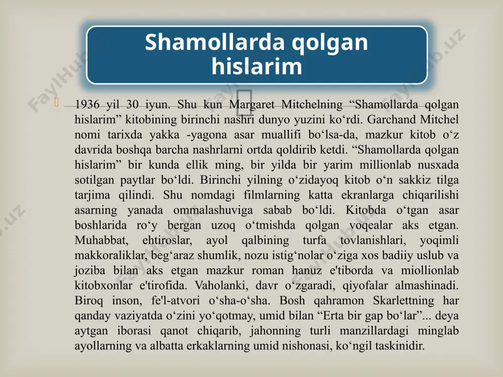 ishbilarmon zobit sifatida taniladi. urushdan keyin esa ku-kluks-klanning mahalliy rahnamolaridan biriga aylanadi. ammo urush eshlini hamma narsadan mahrum qiladi. janubning qayta qurilishi davrida, yangi dunyoga mutlaqo moslashmaganligi sababli sarosimaga tushib qoladi. asar qahramoni  mitchell, shuningdek, ijtimoiy-siyosiy o‘zgarishlar davrida janubni himoya qilish uchun azob-uqubatlarga rozi bo‘lish yoki omon qolish kabi muammolar bilan bir syujetda, doimiy hissiy mojaroda bo‘lgan qahramonlar bilan kuchaytirilgan romantik hikoyani birlashtira olgan edi. roman juda keng qamrovli, ammo margaret mitchell juda sodda yo‘l bilan zich syujet ichida qiziqarli personajlarning yaxshi to‘plamini yaratgan. muallif va personaj nutqi  muallif skarlettning xarakteri va uning holati, o`zini tutish jarayonlarini juda chiroyli qilib bayon qilgan misol uchun, skarlett doim aytadigan “erta bir gap bo`lar” yoki “bu haqida ertaga o`ylayman” qabilidagi gaplari orqali qahramonning o`ziga bo`lgan ishonchi yuqoriligidan bu sinovlarni albatta yengib o`tishini aytmoqchi bo`lgan. ichki monologning qahramon tuyg`u va kechinmalarini ochishdagi vazifasi  asar voqealari faqat muallif tilidan aytilgan bo`lib, u …