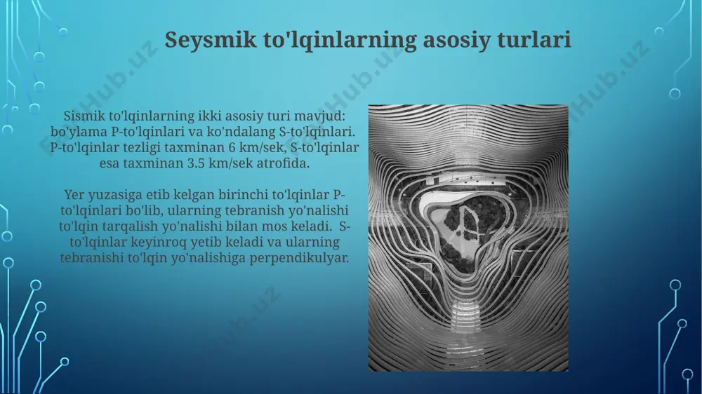 t beradi. p-to'lqinlarning tarqalish tezligi muhitning elastiklik xususiyatlariga bog'liq bo'lib, zichroq muhitlarda tezroq tarqaladi. masalan, granitda ularning tezligi bazaltdagiga nisbatan yuqori. zamin tebranishlari va ularning ta'siri yer silkinishlari magnitudasi 7 va undan yuqori bo'lgan zilzilalar katta miqyosdagi vayronagarchiliklarga, ko'plab inson qurbonlariga va milliardlab dollar zarar yetkazishi mumkin. seysmik to'lqinlarning tarqalish tezligi tog' jinslarining elastiklik xossalariga bog'liq bo'lib, p-to'lqinlar s-to'lqinlardan taxminan 1,7 marta tezroq tarqaladi. seysmik to'lqinlarning tezligi to'lqin tezligi chuqurlikka bog'liq holda o'zgaradi; chuqurroq qatlamlarda bosim va zichlikning ortishi tufayli tezlik odatda ortadi, lekin bu o'zgarish bir xil emas. sismik to'lqinlarning tezligi yerning litologik tuzilishiga bog'liq bo'lib, granitlarda taxminan 6 km/sek, bazaltlarda esa 7 km/sek gacha yetishi mumkin. seysmograflar va seysmik ma'lumotlarni qayd etish zamonaviy raqamli seysmograflar seysmik to'lqinlarning kelish vaqtini millisekund aniqligi bilan qayd etib, ma'lumotlarni real vaqt rejimida uzatishi mumkin. seysmograflar 3 komponentli (shimol-janub, sharq-g'arb, vertikal) harakatni o'lchab, yer silkinishlarining amplitudasi va chastotasini 100 nanometr/soniyadan kamroq aniqlik bilan …
