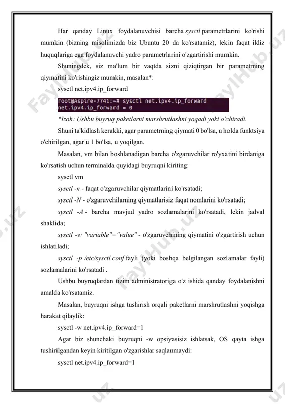 atni ko'rsatadi. "standart" kompyuterning operativ xotirasining 10% ga teng raqamga o'rnatiladi. · fs.aio-nr - fayl tizimi uchun kirish va chiqish operatsiyalarining belgilangan sonini ko'rsatadi. · cad_pid - ctrl+alt+del tugmalari bosilganda signalga tayinlangan jarayon identifikatsiya raqamini (pid) belgilaydi. · kernel.ctrl-alt-del - ctrl+alt+del tugmalar birikmasidan foydalangan holda to'g'ri qayta ishga tushirish uchun mas'ul bo'lgan parametr (cad_pid parametri bilan bog'liq). agar qiymat 0 bo'lsa, ot cad_pid da tayinlangan jarayonga signal yuboradi, agar parametr qiymati 0 dan katta bo'lsa, ot darhol qayta ishga tushadi. · kernel.hostname - parametr kompyuteringiz nomini tezda o'zgartirishga imkon beradi (qayta yuklash jarayonisiz). · kernel.modules_disabled - yadro modullarini yuklashni o'chiradi. · kernel.panic - qayta yuklash jarayoni boshlanishidan oldin qolgan soniyalar soni (yadro xatosi hodisasidan keyin) o'rnatiladi. · kernel.randomize_va_space - operatsion tizimingiz xavfsizligini ta'minlaydigan muhim parametr, (bufer to'lib ketish hujumlariga qarshi xizmat qiladi), "sukut bo'yicha" yoqilgan · kernel.sysrq - sysrq yordamida yadroni boshqarish uchun barcha funksiyalarni yoqadi (qiymat 1) yoki o'chiradi …