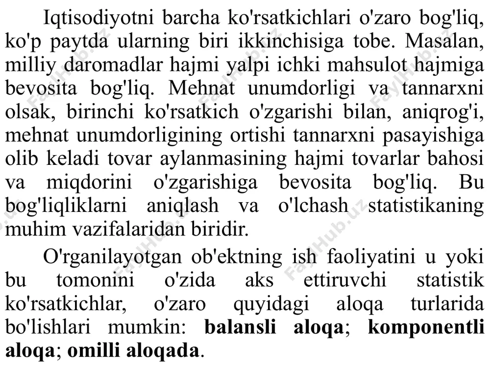 qat aloqani ko'rsatib qolmasdan, balki muhim amaliy ahamiyatga ham ega, ya'ni uning yordamida savdo korxonalari har bir tovar yoki tovar guruhi bo'yicha talabning o'zgarib borishini o'rganib borishlari mumkin, ikkinchidan har bir tovar yoki tovar guruhi bo'yicha sotilgan tovarlarning miqdoriy hisob-kitobi olib boriladi. aholida tovarlar sotilishining hisob-kitobi savdoda xarajat talabchanligini o'rganishda juda muhim ma'lumotdir. 3 ko'rsatkichlarning komponentli aloqasi ko'paytuvchi shaklida ko'rsatkichga kirgan alohida komponentlarning o'zgarishi natijasida statistik ko'rsatkichning o'zgarishini ifodalaydi. bu aloqa turiga, biz 8-mavzuda ko'rib chiqilgan o'zaro bog'liq indekslarni kiritishimiz mumkin. masalan, haqiqiy baholardagi tovar oboroti indeksi baho va tovarlar fizik hajmi indeksi ko'paytmasiga teng. ipq=ip*iq bu metodning muhim amaliy ahamiyati shundaki, umumiy ko'rsatkichda noma'lum bo'lgan komponentni miqdorini ham aniqlash mumkin. masalan, tovarlar fizik hajmi umumiy indeksini hisoblash uchun haqiqiy baholardagi tovar oboroti indeksini baho indeksiga nisbati olinadi. 4 omilli aloqada ikki belgi: omil va natijaviy belgi qatnashadi va bu aloqa turi faqat variatsion qatorlarda uchrashi mumkin. o'z xarakteri bo'yicha …
