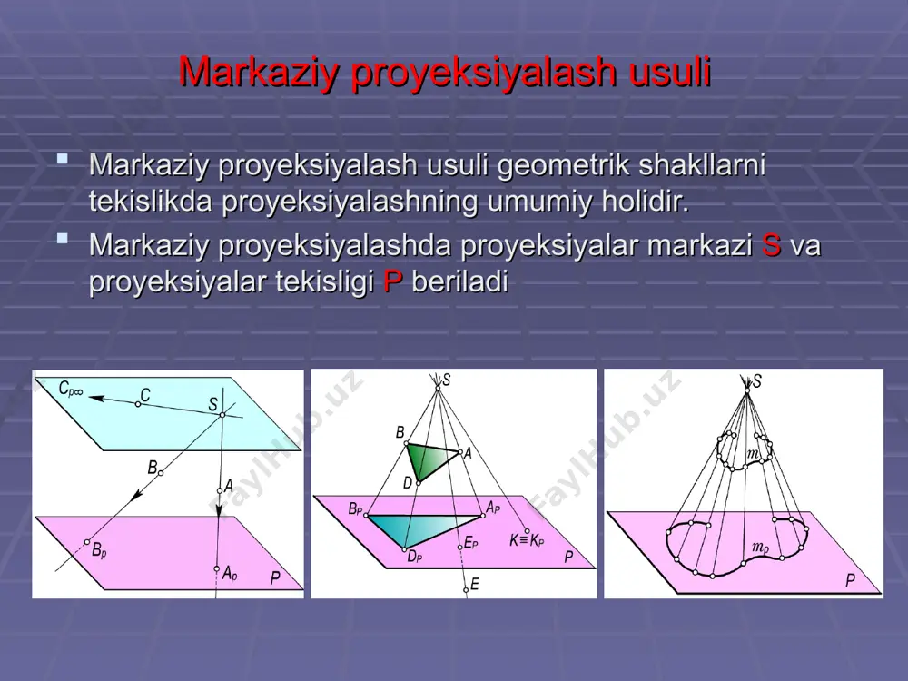rasm). 8-xossa. parallel to’g’ri chiziq kesmalarining nisbati bu kesmalar proyeksiyalarining nisbatiga teng bo’ladi (o’ng rasm). ya’ni ab||cd bo’lib, ab:cd=q bo’lsa, apbp:cpdp=q bo’ladi to’g’ri burchakli proyeksiyalash ta’rif. proyeksiyalovchi nur proyeksiyalar tekisligiga perpendikulyar bo’lsa, bunday parallel proyeksiyalashni to’g’ri burchakli proyeksiyalash deyiladi. to’g’ri burchakli proyeksiyalashni ortogonal proyeksiyalash deb ham yuritiladi. ortogonal proyeksiyalashda proyeksiyalovchi nur yo’nalishi ko’rsatilmaydi. geometrik shakllar proyeksiyalar tekisligiga qisqarib proyeksiyalanadi. masalan, ortogonal proyeksiyalashda to’g’ri chiziq kesmasining proyeksiyasi o’zidan kichik yoki teng bo’ladi: a nuqtani p tekislikka ortogonal proyeksiyalash uchun a nuqtadan perpendikulyar tushiriladi (chap rasm) . agar to’g’ri chiziq kesmasi proyeksiyalar tekisligiga parallel bo’lsa, uning proyeksiyasining uzunligi kesmaning fazodagi uzunligiga teng bo’ladi (o’rtadagi rasm) . agar to’g’ri chiziq kesmasi proyeksiyalar tekisligiga parallel bo’lmasa, uning proyeksiyasining uzunligi o’zidan kichik bo’ladi, ya’ni apbp<ab bo’ladi (o’ng rasm) . parallel proyeksiyalarning barcha xossalari ortogonal proyeksiyalar uchun ham o’rinlidir. to’g’ri burchakli (ortogonal) proyeksiyalash usuli. g. monj chizmasi. nuqtaning koordinatalar tekisliklardagi chizmalari. o’zaro perpendikulyar bo’lgan ikki tekislik …