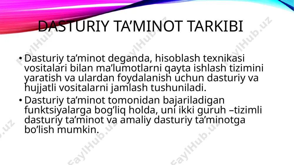 ompyuter resurslari haqida, diskli makon xususida, dasturlar o’rtasida txkni taqsimlash to’g’risida axborot taqdim etish; turli rejim va formatlarda matnli va boshqa fayllarni bosish; kompyuterni viruslardan himoya qilish. virusga qarshi himoyali dasturiy vositalar viruslarini topish va davolashni ta’minlaydi. virus atamasi bilan turli noma’qul harakatlarni amalga oshirib boshqa dasturlarga kirib olgan holda ko’payishga qodir bo’lgan dastur tushuniladi. tizimli va amaliy dasturlar dasturlashtirish tillari yordamida tuziladi. bu jarayonda yozilgan dastur dasturlashtirish tili translyatori orqali mashina tiliga tarjima qilinadi. dasturlashtirish tili translyatori deb, dasturlashtirish tilidan (odatda) mashina kodiga dastur matnini tarjima qilishni amalga oshiruvchi dasturga aytiladi. dasturlashtirishning kirish tili, translyator, mashina tili, standart dasturlar kutubxonasi, translatsiya qilingandasturlarni sozlash va bir butunlikka jamlash vositalarini o’z ichiga olgan vositalar majmui dasturlash tizimi deb ataladi. dasturlashtirish tizimida translyator dasturlashtirishning kirish tilida yozilgan dasturni aniq bir ehmning mashina buyrug’i tiliga tarjima qiladi. kirish tilidan tarjima qilish usuliga bog’liq holda translyatorlar kompilyator va interpretatorlarga bo’linadi. umumiy vazifadagi amaliy dasturlar …