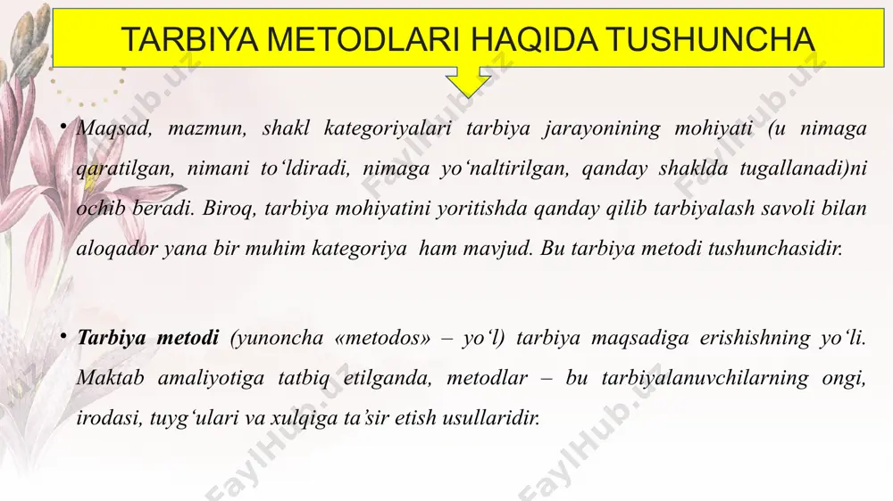 biya metodlari qo‘yilgan maqsadni muvafaqqiyatli amalga oshirish uchun foydalaniladigan usul va vositalar tizimi sifatida aniqlanadi. xuddi shuningdek, metodning tuzilishida usullar va vosita albatta mavjud bo‘ladi. zamonaviy pedagogikada ba’zilari amaliy vazifalarni hal etishga, ba’zilari faqat nazariy vazifalarni o‘zida aks ettiradigan o‘nlab tarbiya tasniflari mavjud. metodlar o‘ziga xos xarakteriga ko‘ra ishontirish, mashq, rag‘batlantirish va tanbeh berishga bo‘linadi. mazkur holatda metodning umumiy xarakterli belgisi o‘ziga xoslikni, qo‘llanishga yaroqlilikni aks ettiradi. bu tasnifga metodlarning ko‘proq umumlashganligi bilan ajralib turuvchi tarbiyaning umumiy metodlari mustahkam tutashib ketadi. u o‘zida ishontirish, faoliyatni tashkil etish, o‘quvchilarning xulq-atvorini rag‘batlantirish metodlarini qamrab oladi. tarbiya metodlari tasnifi shaxs ongini sakllantirish (ishontirish) metodi bu guruhga mansub metodlarning mohiyati shundaki, ular orqali o‘quvchilar ongiga jamiyatda ustuvor o‘rin tutuvchi ijtimoiy g‘oya va maqsadlar singdiriladi. o‘quvchilarda g‘ oyaviy onglilik va ijtimoiy faollik, ya’ni, davlatning ichki va xalqaro siyosati mazmunini tushunish va idrok qilish ko‘nikmalarini tarbiyalash lozim. hikoya tushuntirish izohlash ma'ruza etik suhbat nasihat o‘git ko‘rsatma …