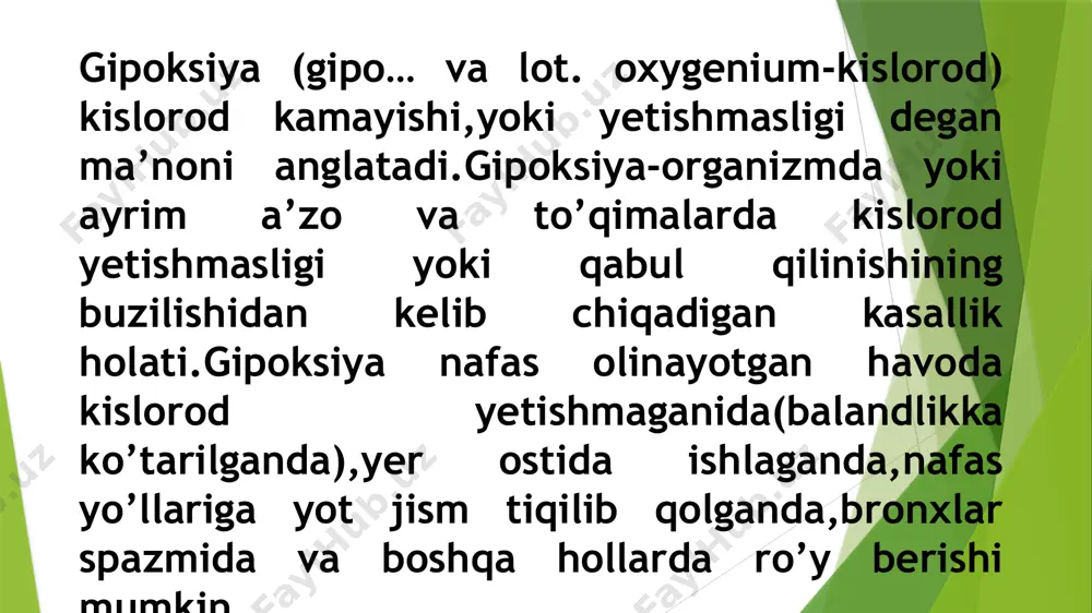 ismoniy mashqlar bilan shug’ullanganda(organism moslashmagan bo’lsa) fiziologik gipoksiya kuzatiladi.bunday holat bo’lmasligi uchun organizmni sekinlik bilan jismoniy mashqqa moslashtirish va albatta, to’g’ri va chuqur nafas olishga amal qilish. dunyoda ilk marta yashirin gipoksiyani genlari topildi.demak,gipoksiya ham avlodlarda davom etishi mumkin bo’lgan irsiy kasallik desak bo’lar ekan.yashash muhiti yaxshi,ekologiya toza bolsa gipoksiya yashirin holda o’tib ketishi mumkin. e’tiboringiz uchun rahmat! image1.jpeg image2.png /docprops/thumbnail.jpeg