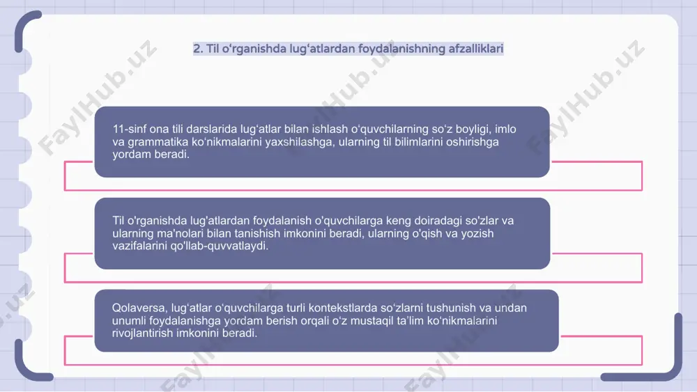 labalar birgalikda lug'at to'playdi va tartibga soladi. talabalar amaliy tajribadan foyda olishadi va tilni chuqurroq tushunishadi. sinfdagi hamkorlikdagi lug'at loyihalari orqali talabalar nafaqat til ko'nikmalarini oshiribgina qolmay, balki qo'llab-quvvatlovchi o'quv muhitini targ'ib qilgan holda o'z ishiga egalik va faxrlanish tuyg'usini rivojlantiradilar. 10. ona tili darslarida lug‘at bilan ishlash uchun raqamli vositalar 11-sinf ona tili darslarida o‘quvchilarning til bilimlarini oshirish uchun lug‘atlar bilan ishlash yo‘lga qo‘yiladi. bu ularga lug'at va grammatikani yaxshilashga yordam beradi. raqamli vositalar ona tili darslarida lug'at ishlarini inqilob qilib, turli xil onlayn resurslarga oson kirishni ta'minladi. talabalar endi bir necha marta bosish orqali ta'riflar, sinonimlar va misollarni o'rganishlari mumkin. lug'at ishi uchun raqamli vositalardan foydalanish orqali o'qituvchilar o'quv jarayonini yanada interaktiv va talabalar uchun qiziqarli qilishlari mumkin. bu til o‘rganishga yanada shaxsiylashtirilgan va samarali yondashish imkonini beradi. 11. lug‘atlarda madaniy manbalarni o‘rganish 11-sinf ona tili darslarida o‘quvchilar tilni o‘rganishda lug‘atlardan samarali foydalanishni o‘rganadilar. lug'atlarda topilgan madaniy manbalarni …