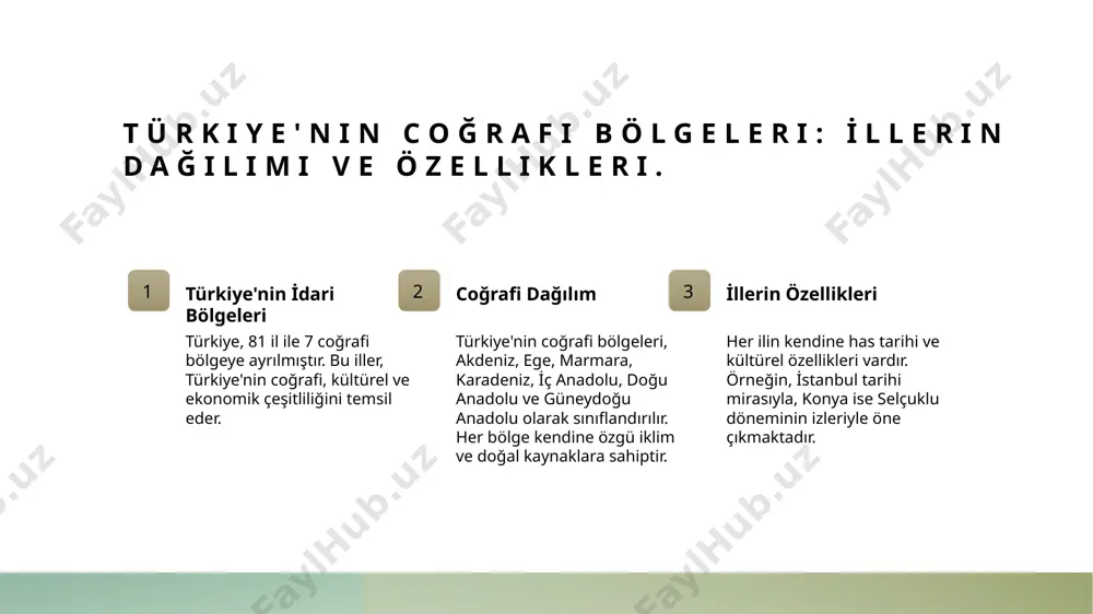 al dinamikler mevcuttur. 3 eğitim ve i̇stihdam i̇llerin eğitim ve istihdam olanakları arasında belirgin farklar vardır. büyükşehirlerde daha fazla fırsat bulunurken, kırsal alanlarda işsizlik oranları yüksektir. yerel yönetimlerin rolü: i̇llerdeki kültürel ve tarihi varyasyonlar. 1 yerel yönetim tanımı - yerel yönetimler, illerin yerel düzeydeki yönetim organlarıdır. bu organlar, kültürel ve tarihi değerleri koruma sorumluluğunu taşır. 2 kültürel varyasyonlar - her il, kendine özgü kültürel unsurlar barındırır. yerel yönetimler, bu unsurların korunması ve geliştirilmesinde aktif rol oynar. 3 tarihi mirasın korunması - yerel yönetimler, tarihi yapıları ve anıtları koruma görevini üstlenir. bu sayede, geçmişten gelen kültürel zenginlikler gelecek nesillere aktarılır. sonuç 01 türkiye'nin coğrafi çeşitliliği türkiye, farklı coğrafi bölgeleri ile zengin bir yapıya sahiptir. her bölge, iklim, doğal güzellikler ve kültürel miras açısından kendine özgü özellikler taşımaktadır. 02 kültürel miras ve etkileşim türkiye’nin illeri, tarihi ve kültürel zenginlikleri ile tanınır. bu çeşitlilik, farklı etnik gruplar arasında etkileşim ve sosyal dayanışmayı güçlendirmektedir. …