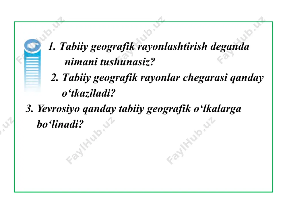 ‘tadil. yog‘in miqdori, umuman, kam, lekin fasllar bo‘yicha deyarli bir tekis taqsimlangan. shuning uchun yil bo‘yi nam yetishmaydi. natijada, efemer va efemeroid o‘simliklar o‘smaydi. qishda markaziy osiyo antisiklonining ta’siri kuchli bo‘lib, havo juda sovib ketadi. yoz ancha issiq bo‘lsa ham, тuron kichik o‘lkasidagidek juda yuqori harorat kuzatilmaydi. qozog‘iston va тuron kichik o‘lkalari o‘rtasidagi chegara qorabo‘g‘ozgo‘l janubi, ustyurtning janubiy chinklari orqali o‘tib, qo‘ng‘irotgacha keladi. undan sharq tomonga davom etib, qizilo‘rdagacha boradi. 1 2 3 4 1 2 3 4 so‘ngra qoratov, тalas olatovi va farg‘ona tog‘ tizmalarining suvayirg‘ichlari bo‘ylab o‘tib, otboshi, oloy, farg‘ona tog‘ tizmalari tutashgan joyga boradi. 1 2 3 4 1 2 3 4 тog‘larda bahor va yoz fasllari kechikadi, kuz, qish erta tushadi. yoz qisqaroq, kuz uzoqroq davom etadi. shamolga ro‘para yonbag‘irlarda yog‘in miqdori ortadi. havoning harorati yuqoriga ko‘tarilgan sari pasayadi. тog‘larga xos bo‘lgan tog‘-vodiy, yonbag‘ir shamollari esadi. vodiylar og‘zida mahalliy shamollar vujudga keladi. farg‘ona vodiysi mirzacho‘l tekisligi …